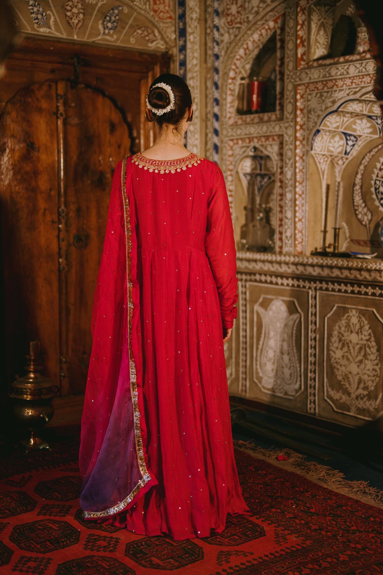 Red Chandheri Mukaish Open Front Kalidar Organza Kamdani Dupatta