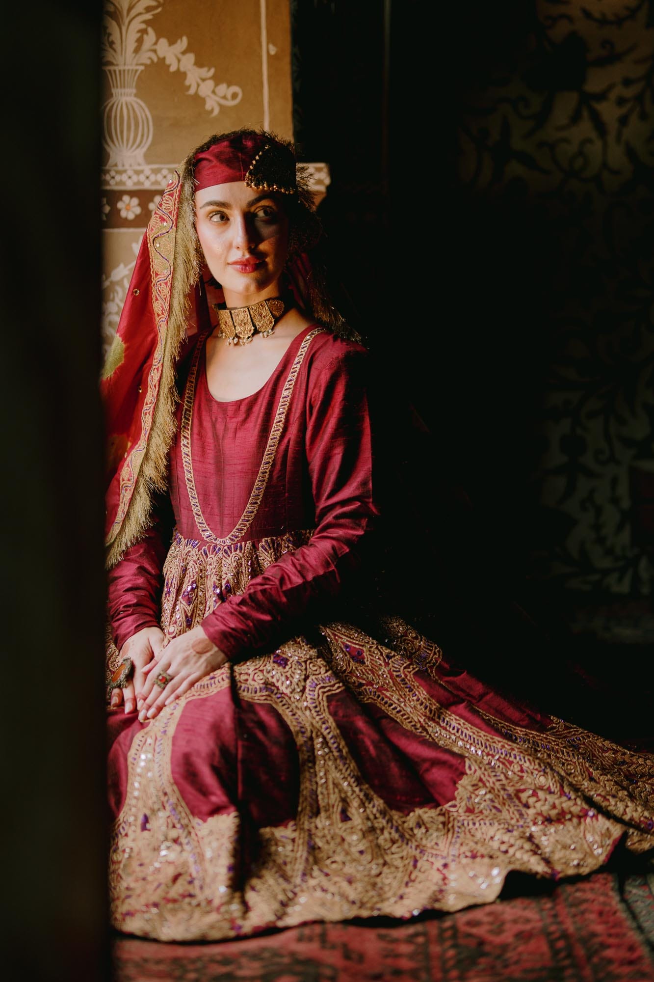 Maroon Raw Silk Kalidar Bandhani Dupatta Gharara