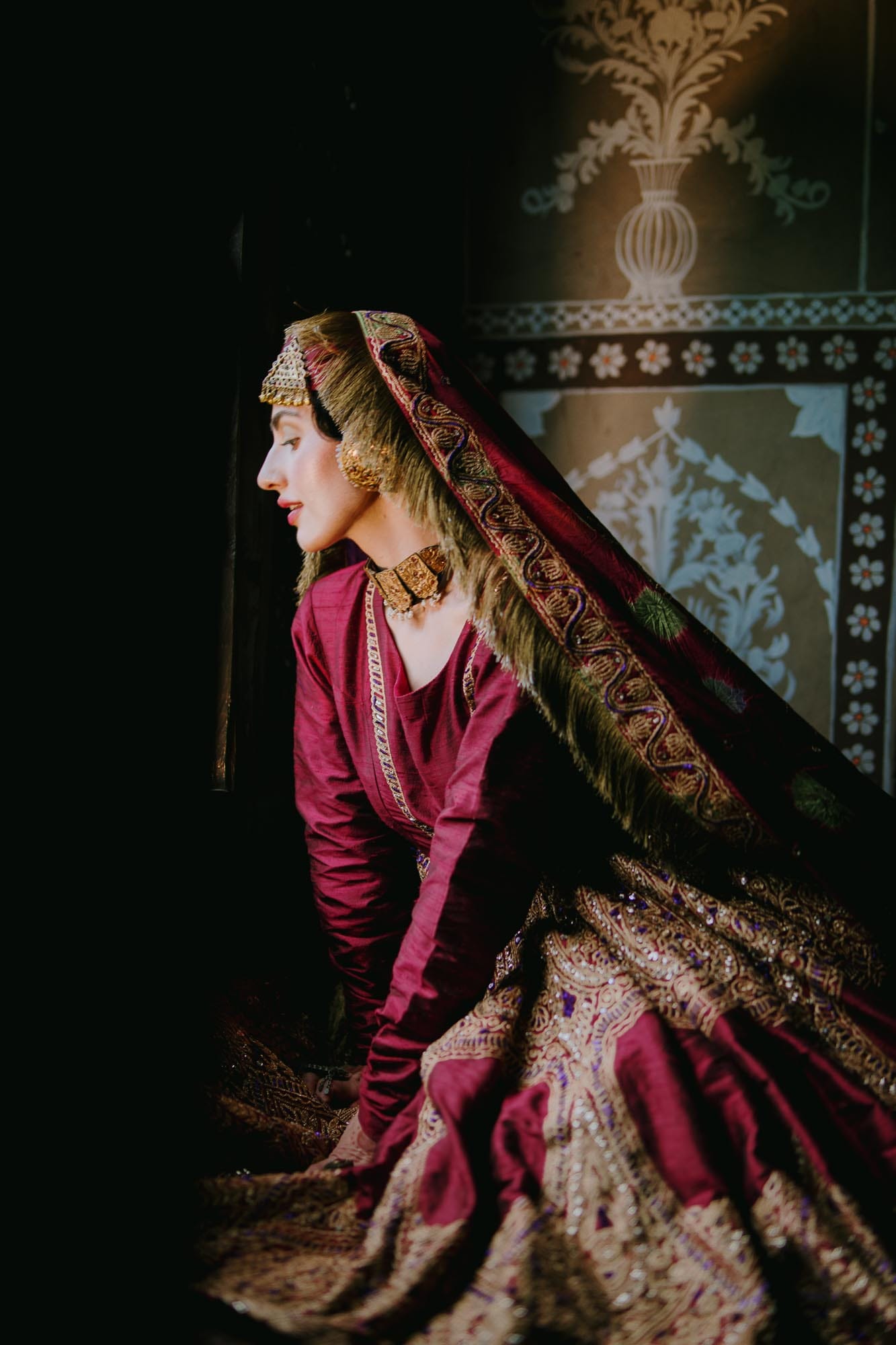 Maroon Raw Silk Kalidar Bandhani Dupatta Gharara