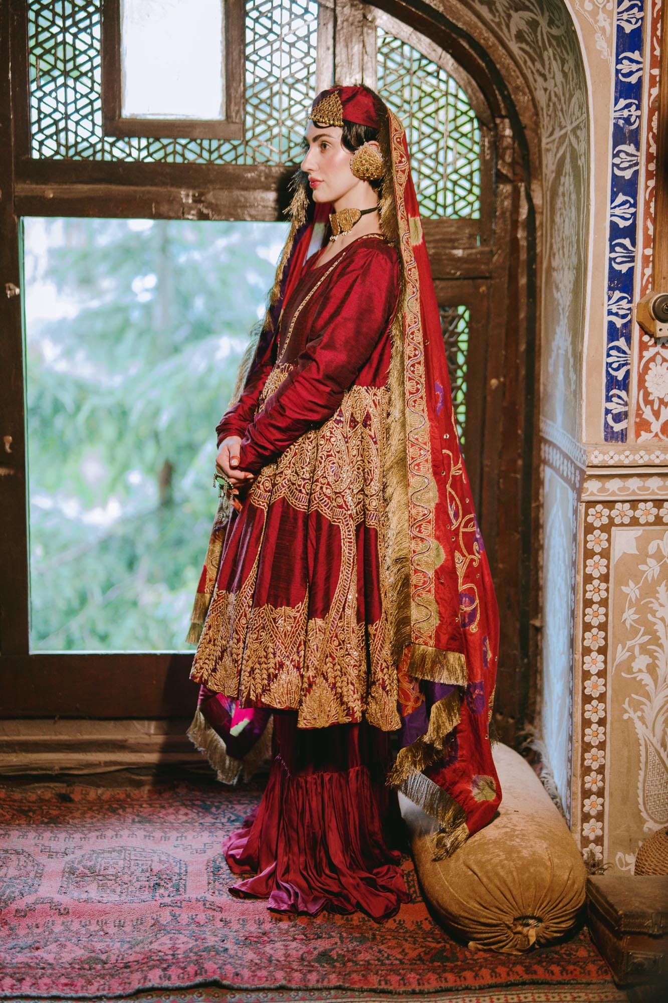 Maroon Raw Silk Kalidar Bandhani Dupatta Gharara