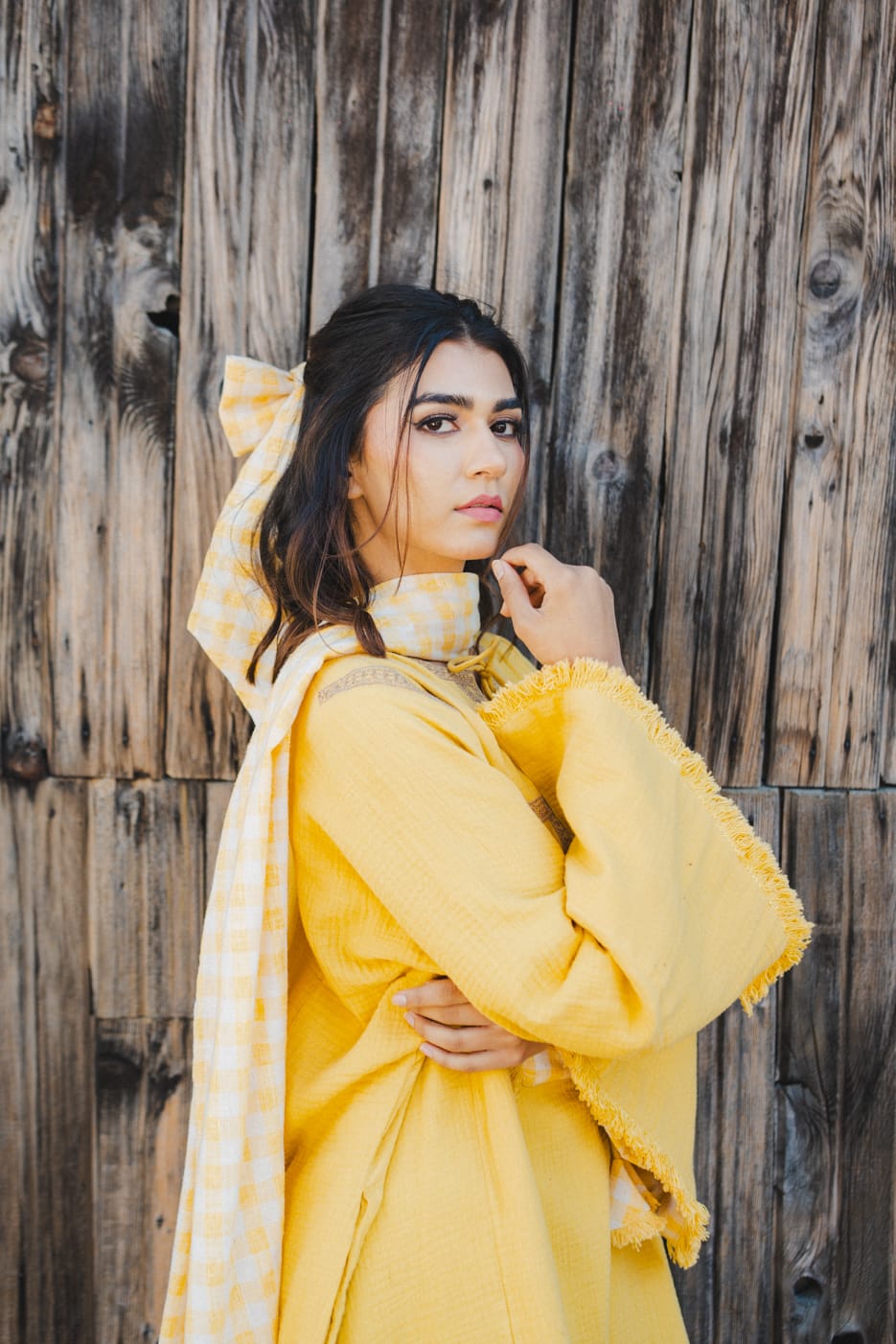 Yellow Pheran Check Inner Farshi Salwar Check Dupatta