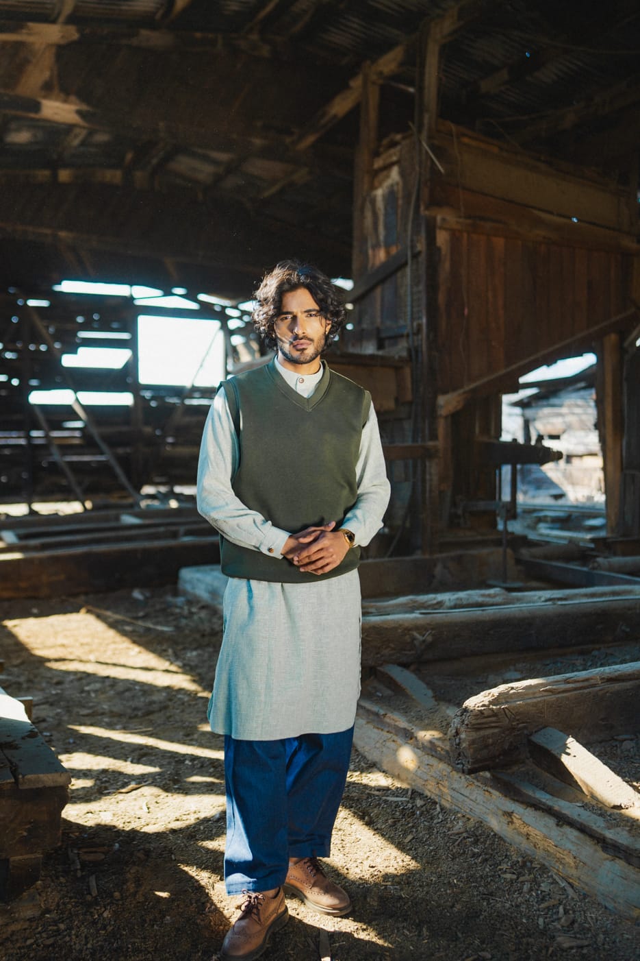Blue And Sage Green Kurta Salwar with Vest
