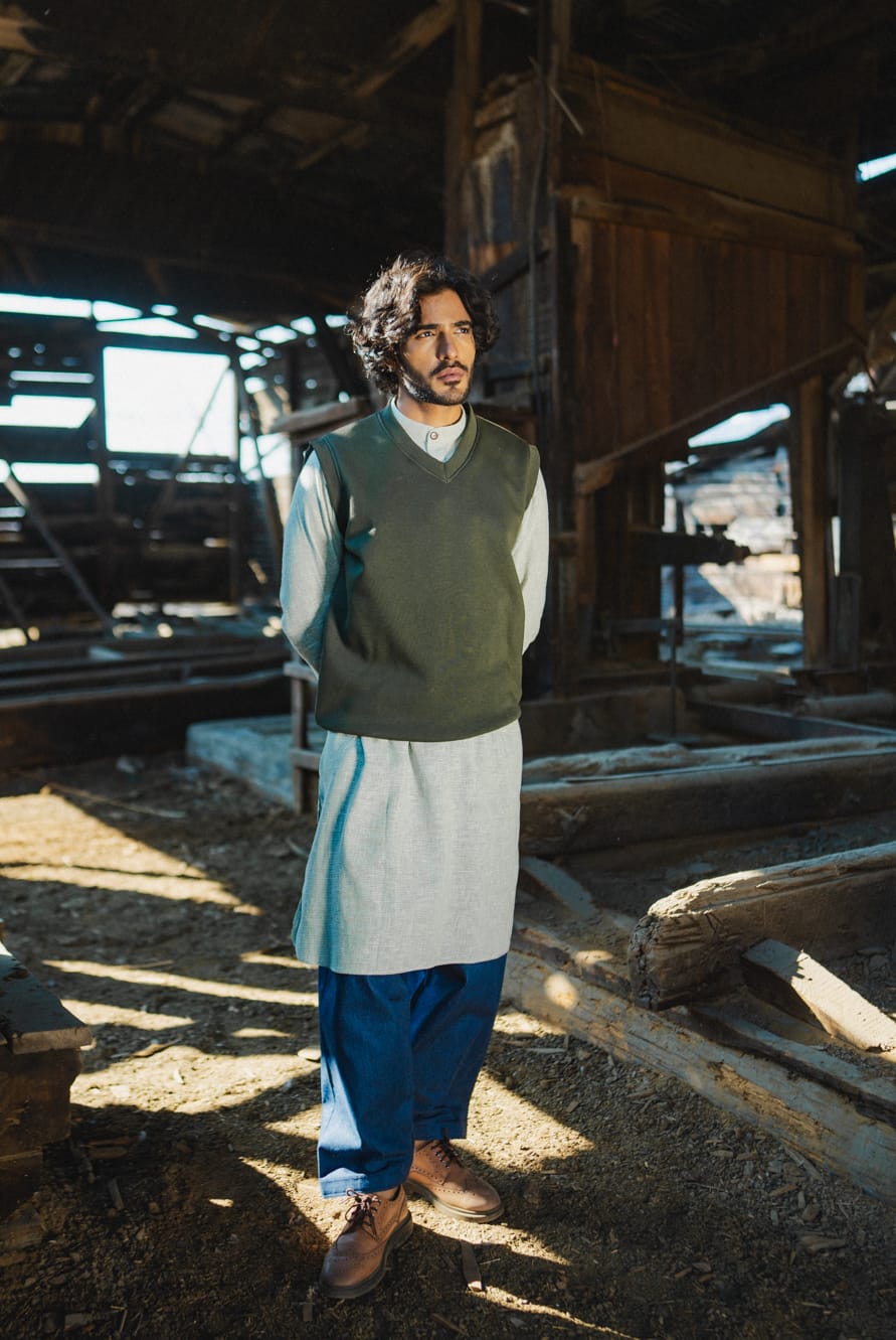 Blue And Sage Green Kurta Salwar with Vest
