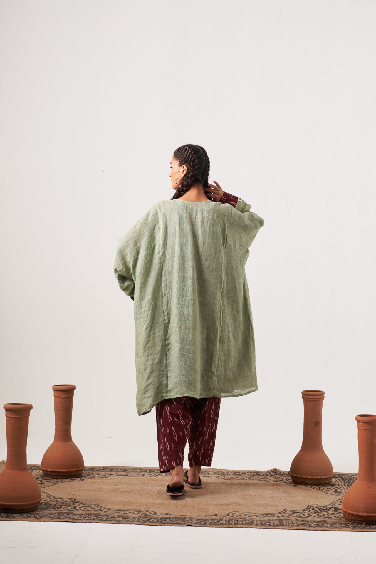 Sage Green and Maroon Tilla Embroidered Pheran Salwar