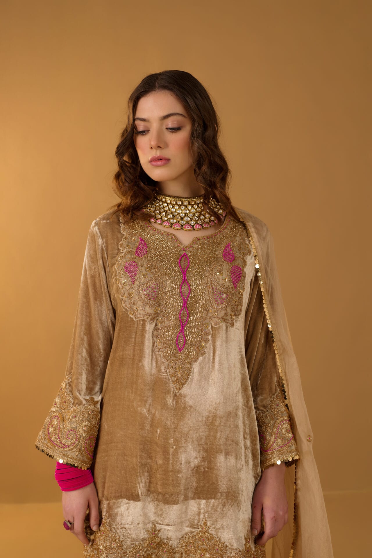 Beige and Pink Hand Embroidered Kurta Gharara Organza Dupatta