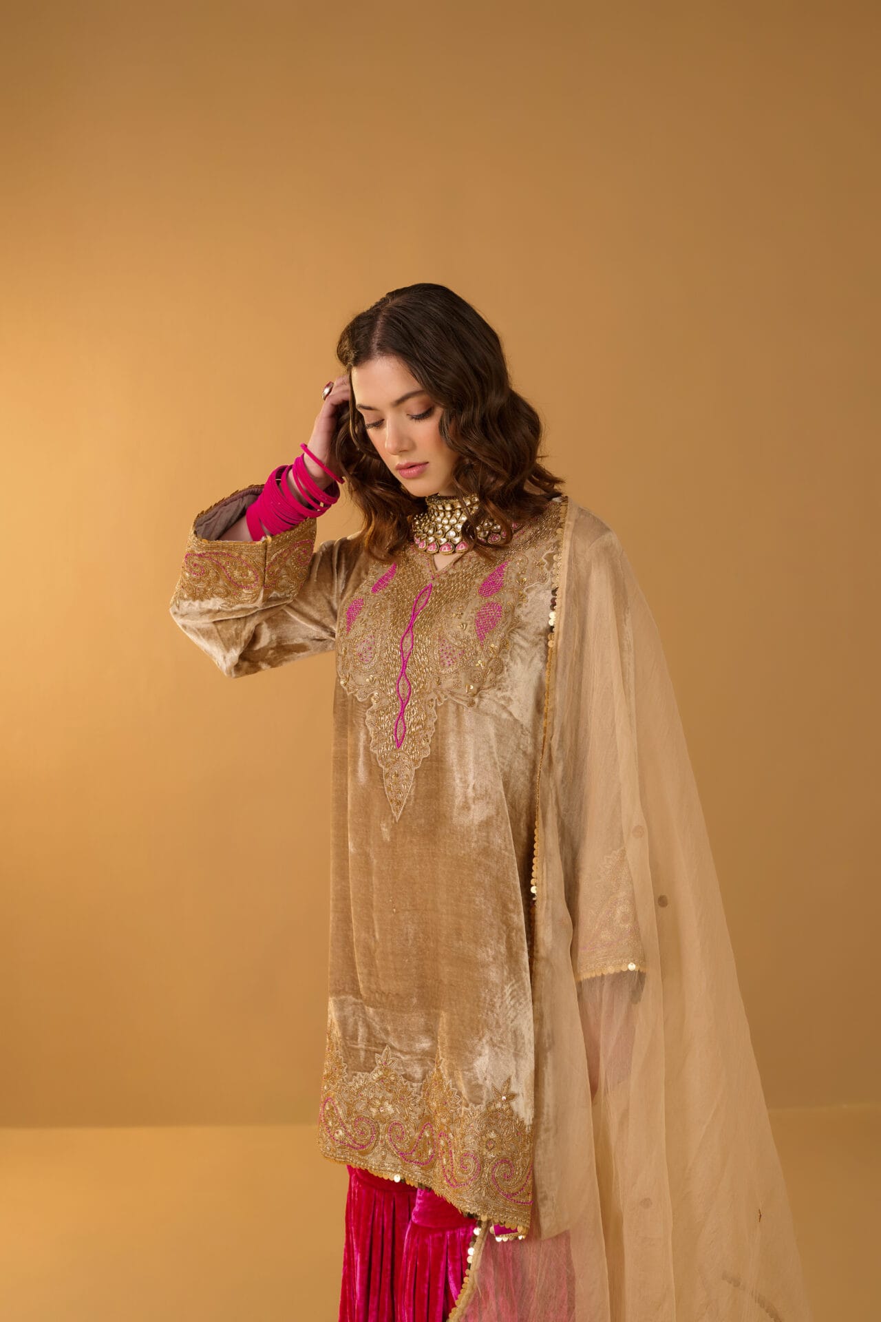 Beige and Pink Hand Embroidered Kurta Gharara Organza Dupatta