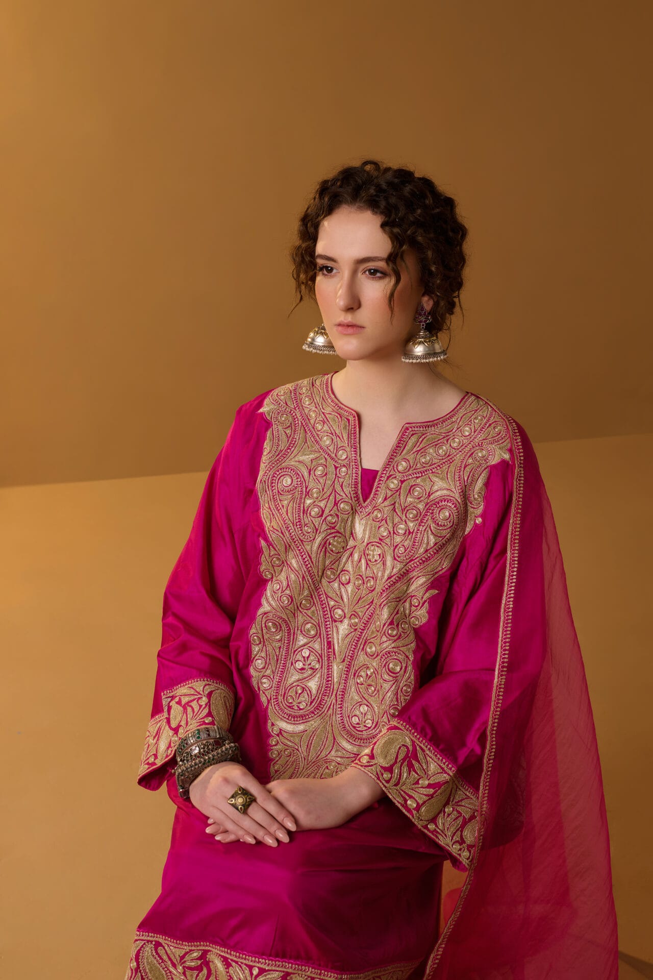Hot Pink Tilla Embroidered Pheran Salwar Organza Dupatta
