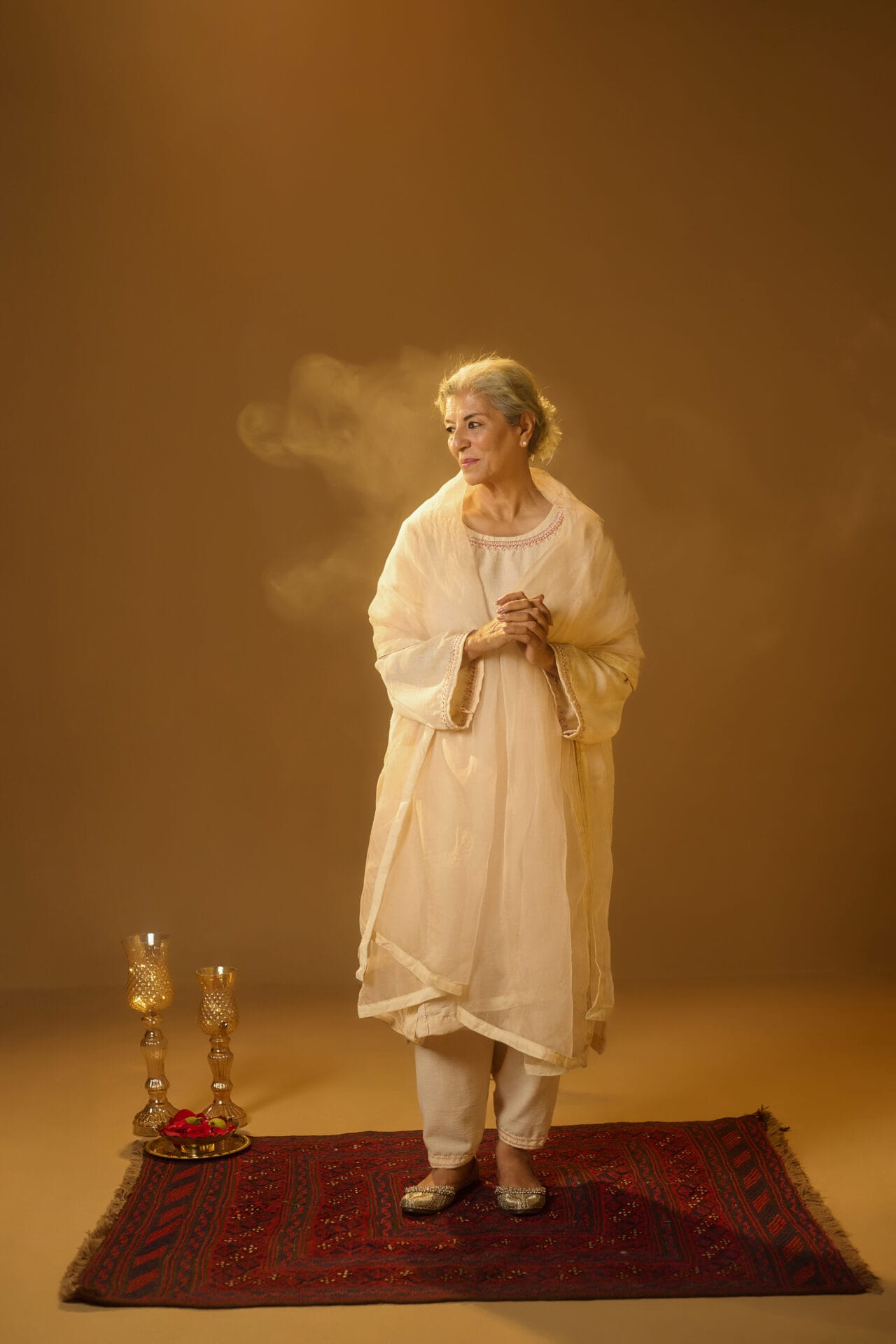 Ivory Hand Embroidered Pheran Salwar Organza Dupatta