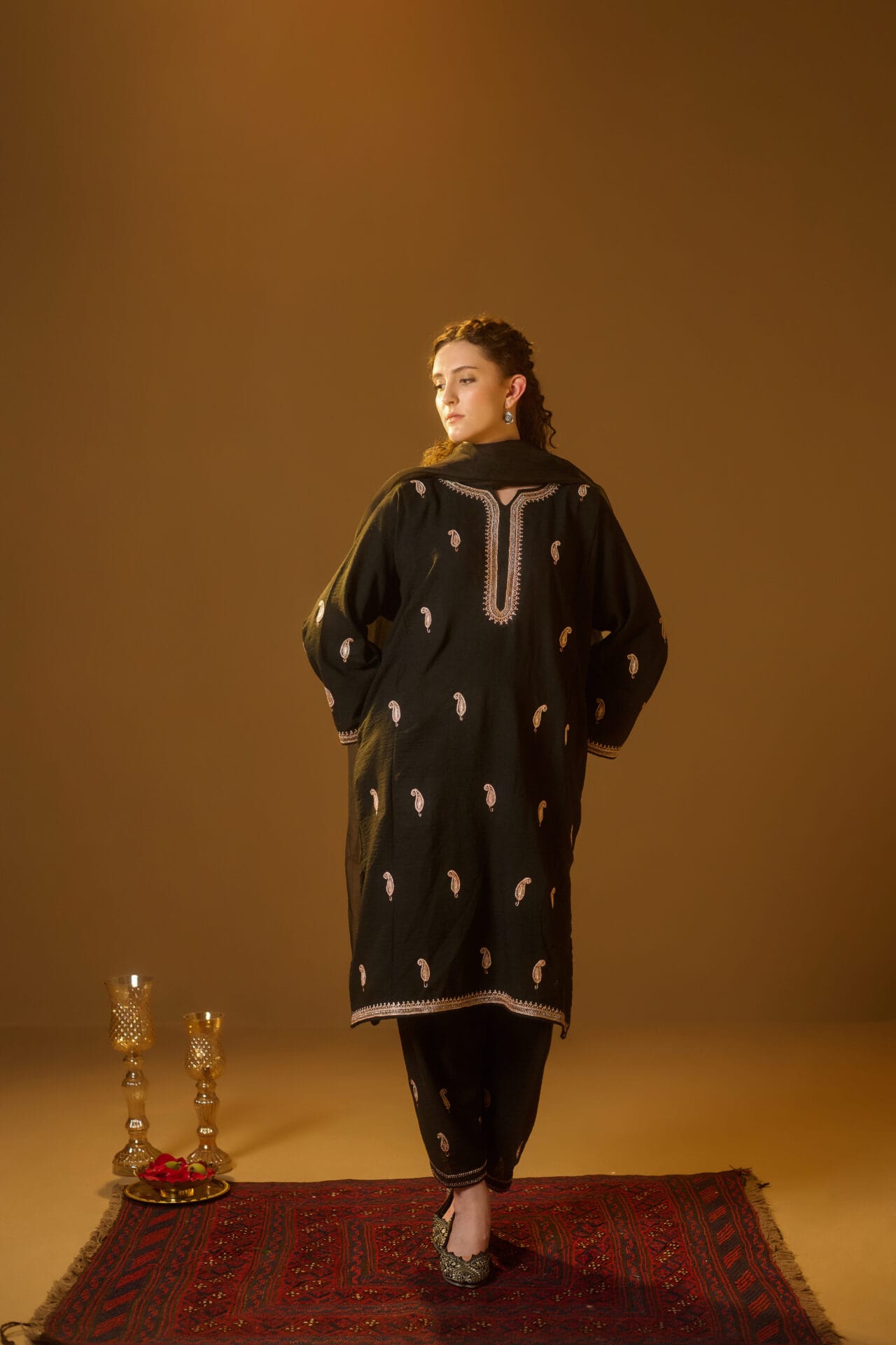 Black Hand Embroidered Pheran Salwar Organza Dupatta