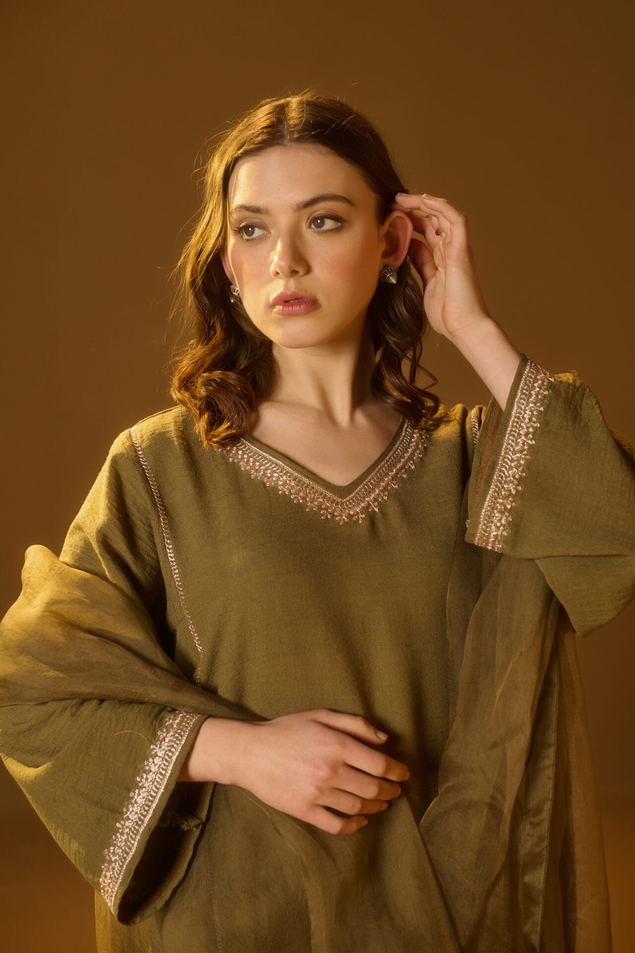 Olive green Hand Embroidered Pheran Salwar Organza Dupatta