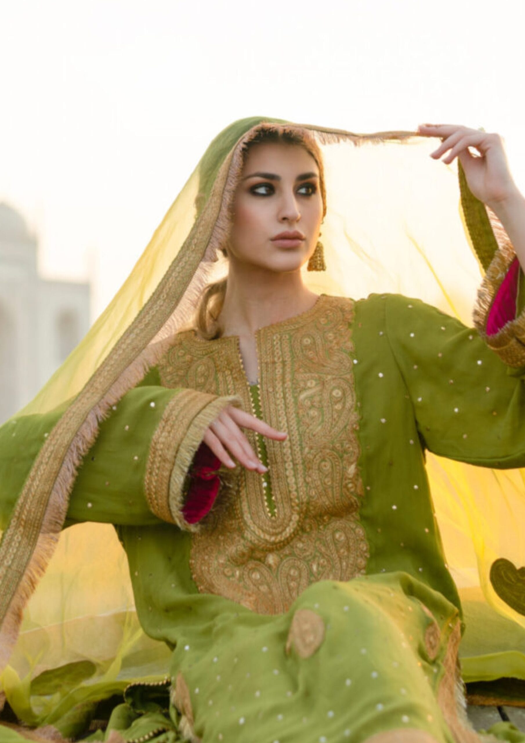 Green Tilla Embroidered Kurta Palazzo Organza Dupatta