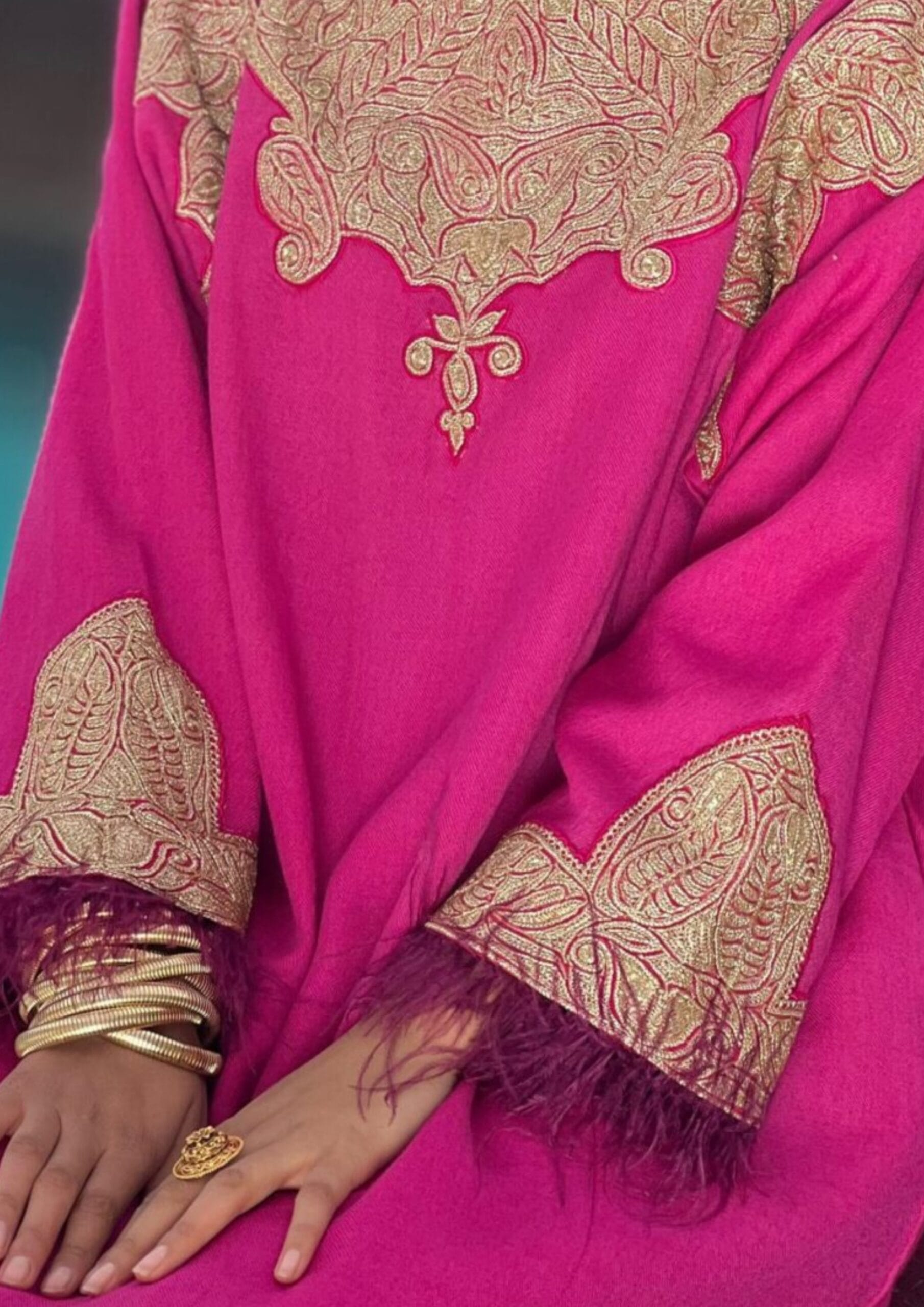 Hot Pink Purple Hand Embroidered Pheran Salwar Pashmina Stole