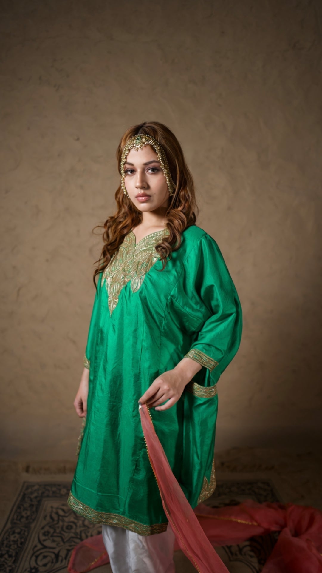 Green Embroidered Qurab Pheran Salwar with Organza Dupatta