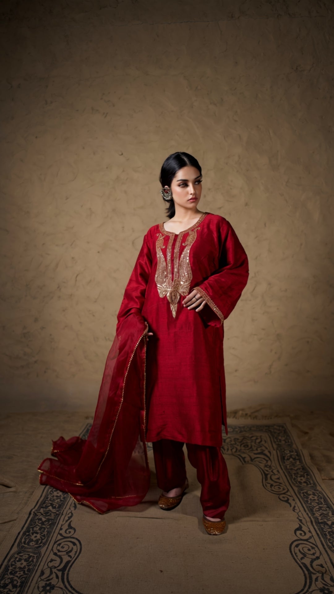 Maroon Hand Embroidered Pheran Salwar with Dupatta