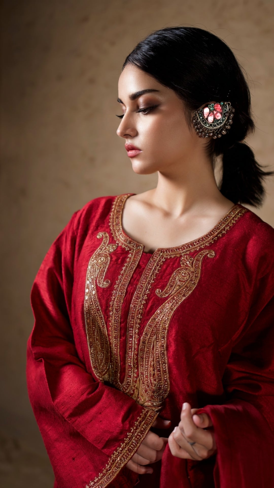 Maroon Hand Embroidered Pheran Salwar with Dupatta