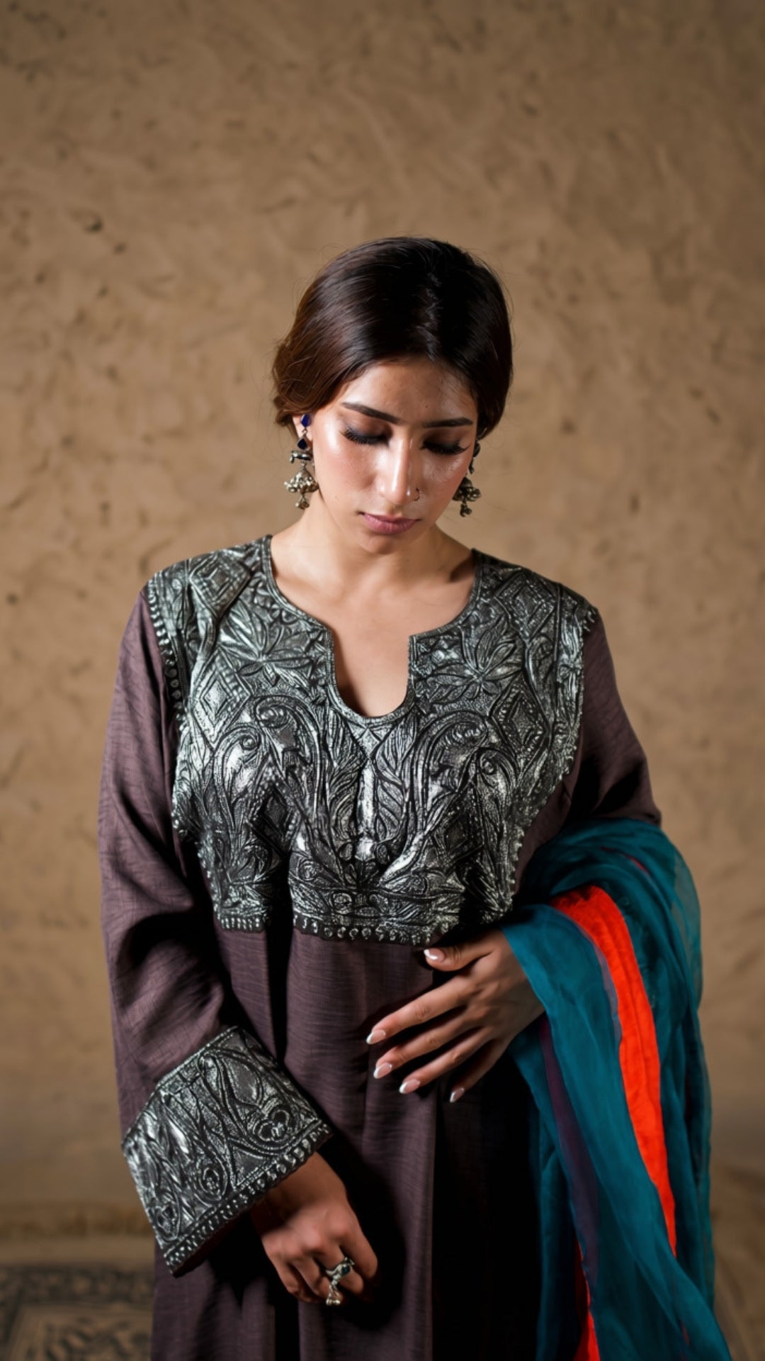Brown Embroidered Pheran Salwar with Dupatta