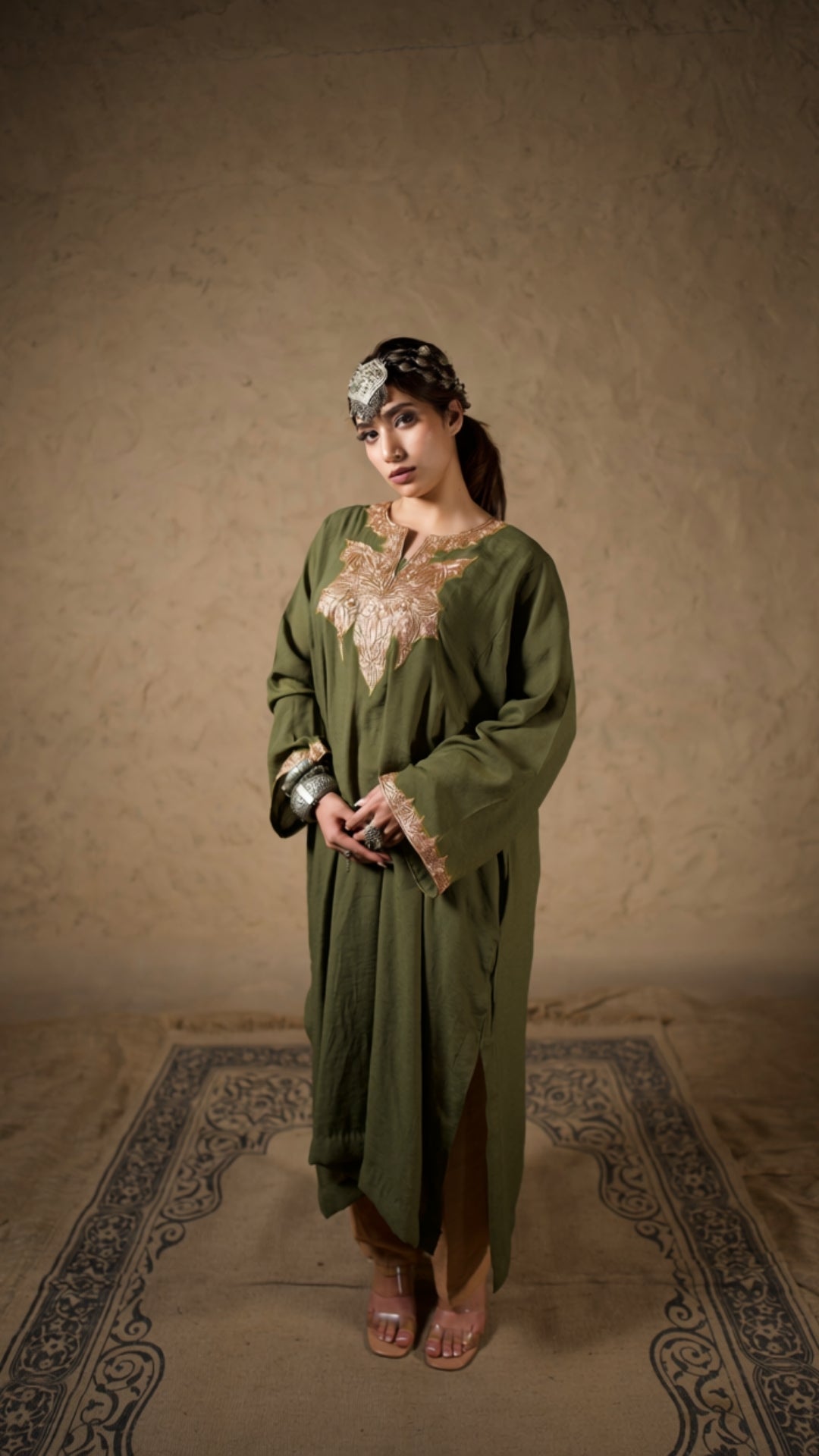 Olive Green Embroidered Pheran Salwar