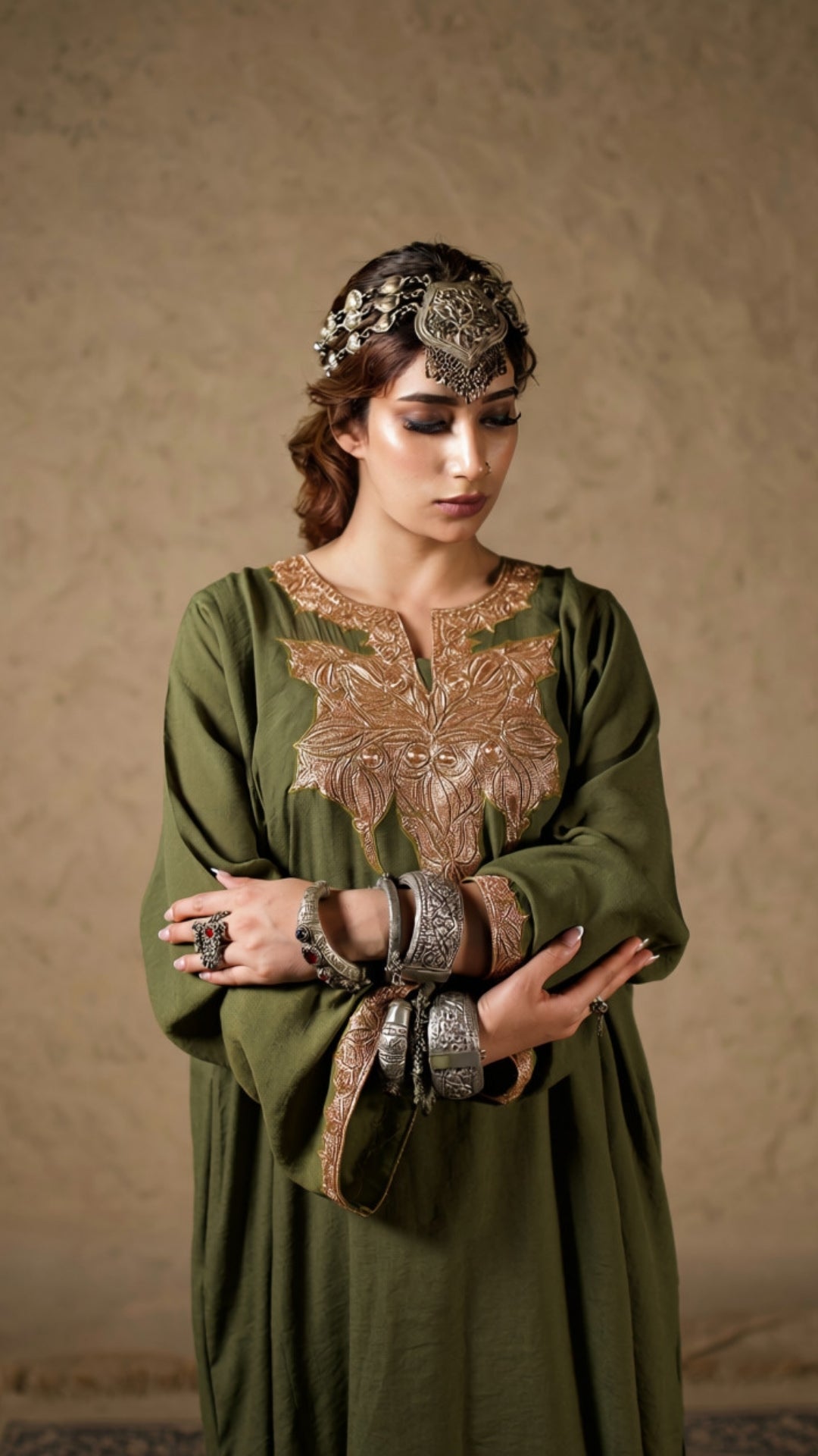 Olive Green Embroidered Pheran Salwar