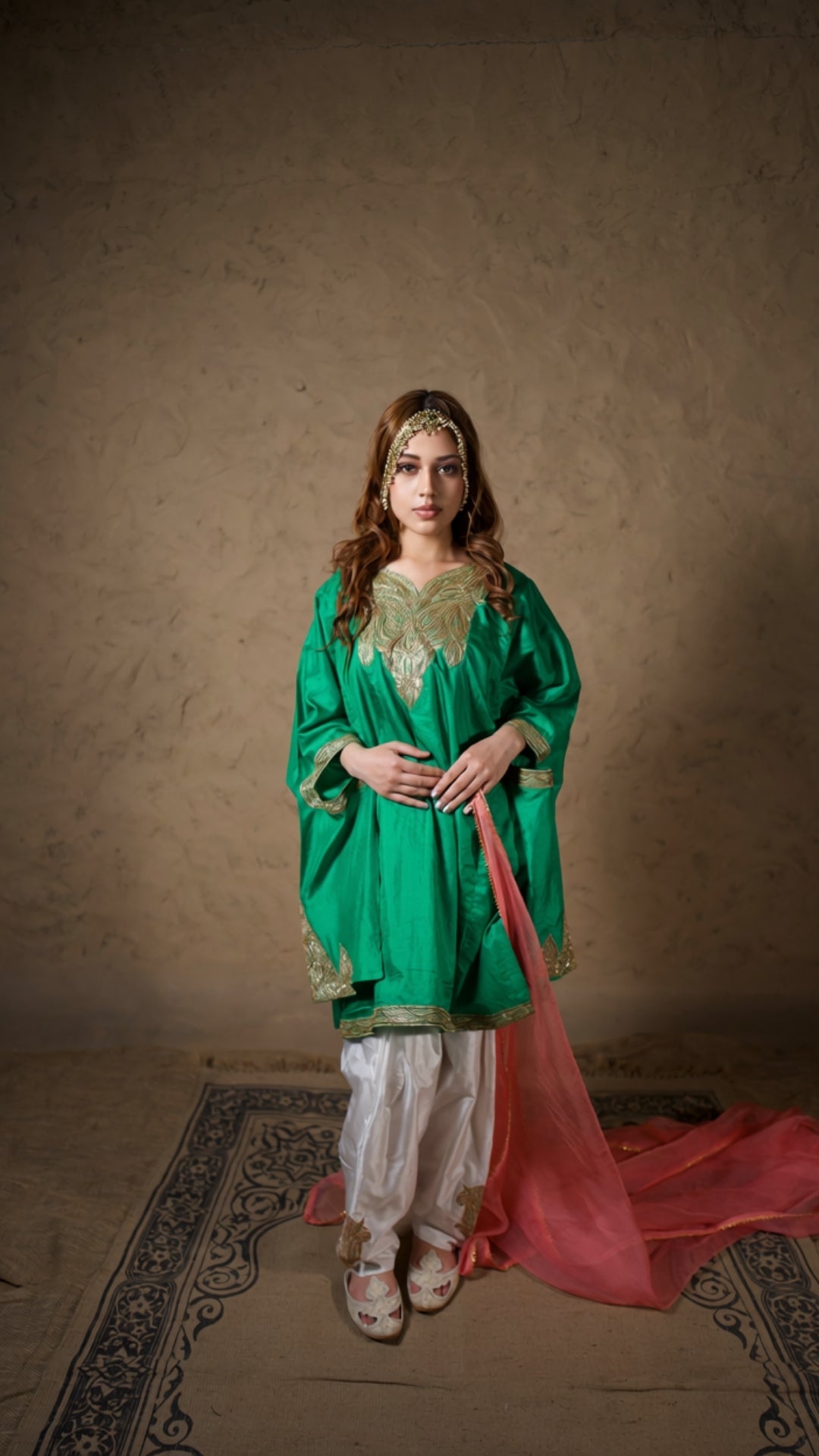 Green Embroidered Qurab Pheran Salwar with Organza Dupatta