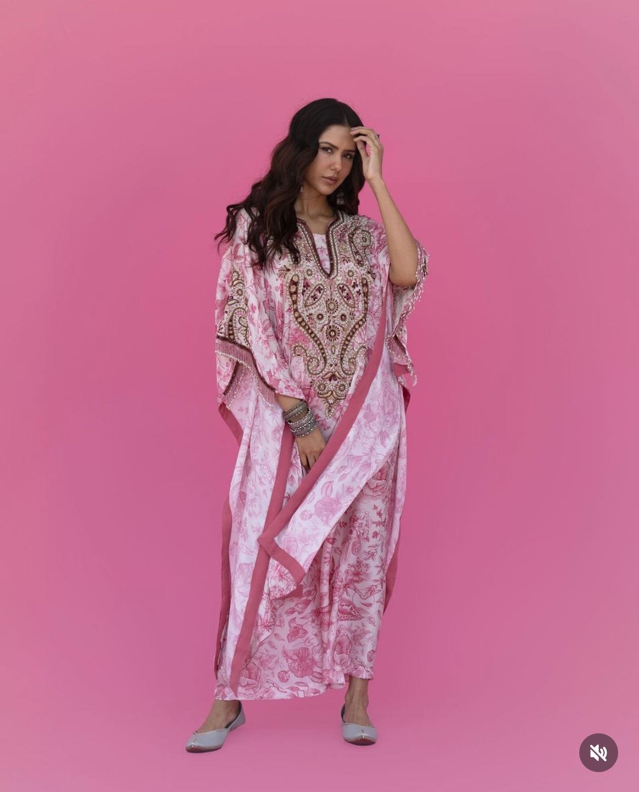 Sonam Bajwa in Floral Hand Embroidered Kaftan Palazzo