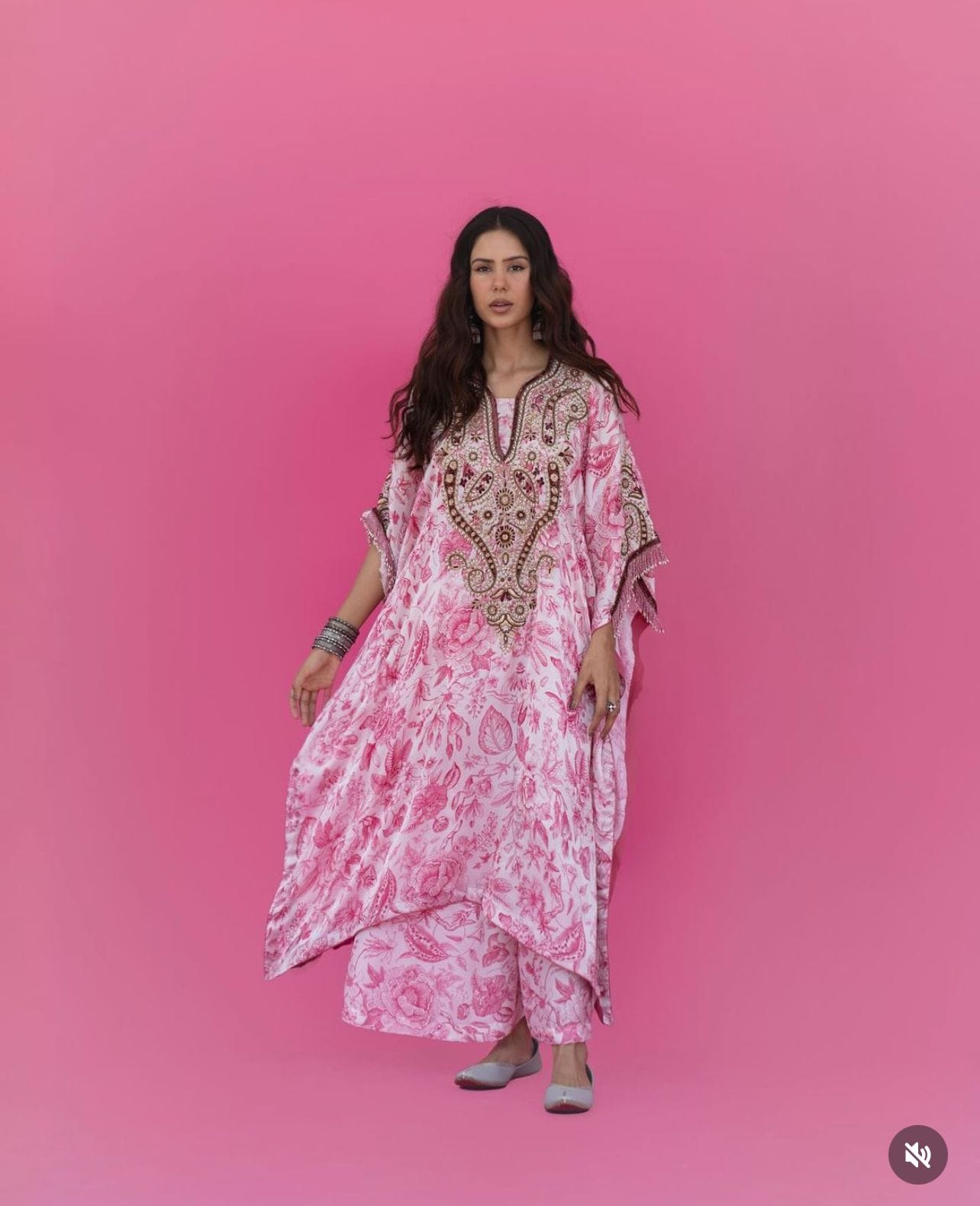 Sonam Bajwa in Floral Hand Embroidered Kaftan Palazzo