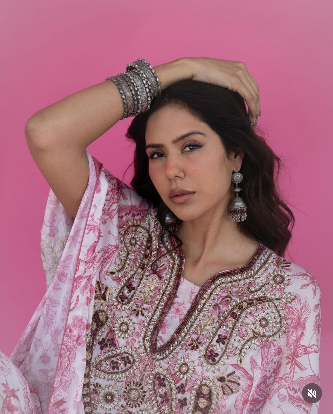 Sonam Bajwa in Floral Hand Embroidered Kaftan Palazzo