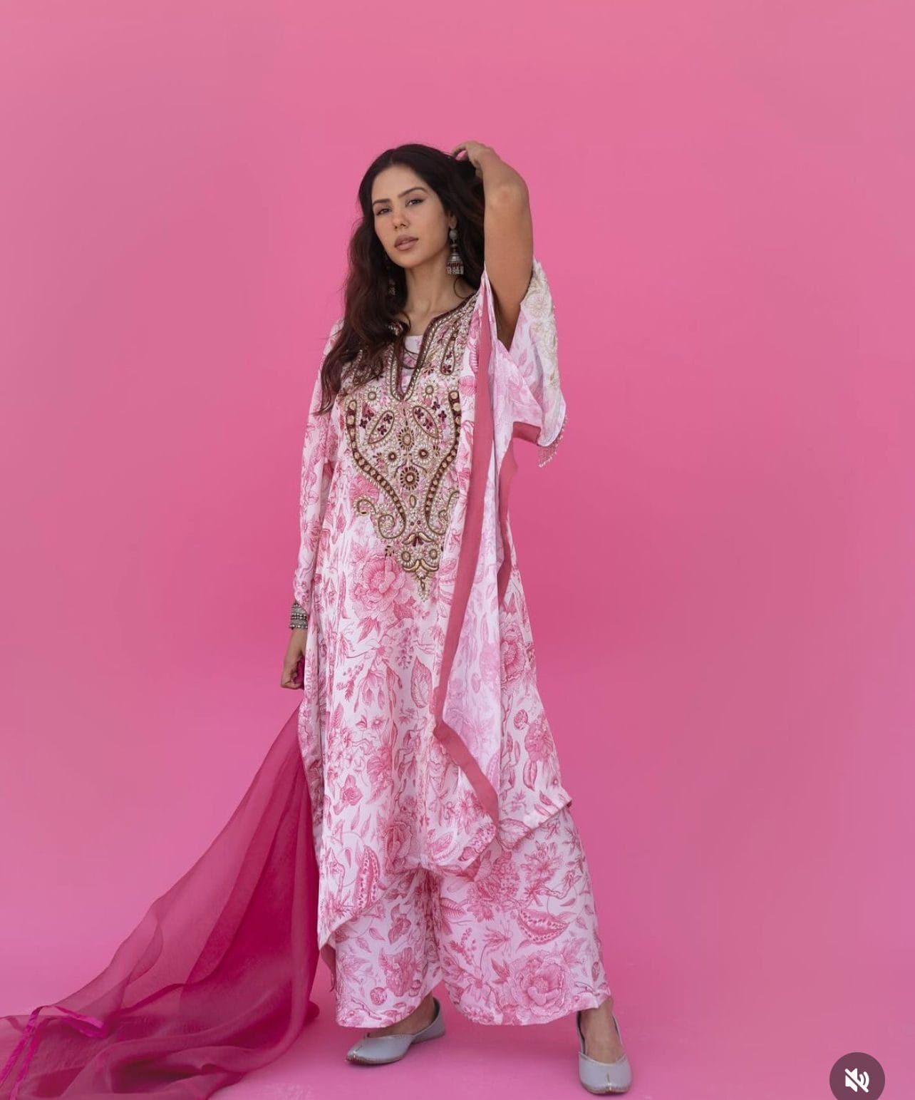 Sonam Bajwa in Floral Hand Embroidered Kaftan Palazzo