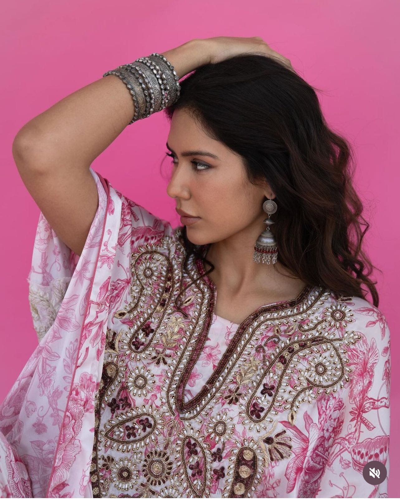 Sonam Bajwa in Floral Hand Embroidered Kaftan Palazzo