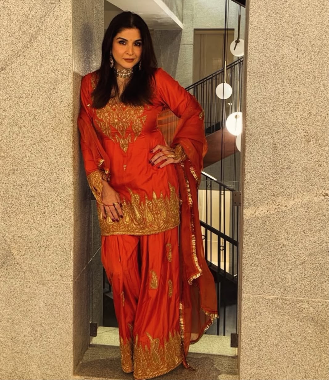 Maheep Karpoor in Rust Tilla Embroidered Kameez Farshi Salwar Organza Dupatta