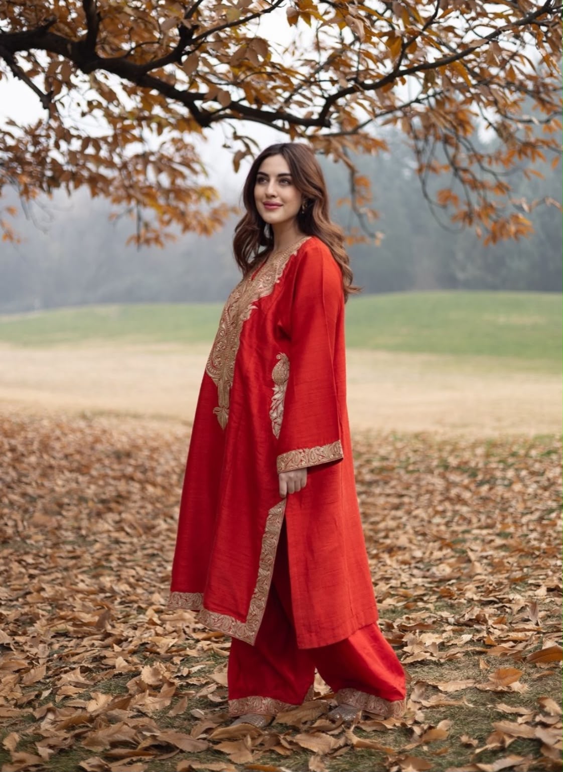 Red Tilla Embroidered Pheran Palazzo with Dupatta