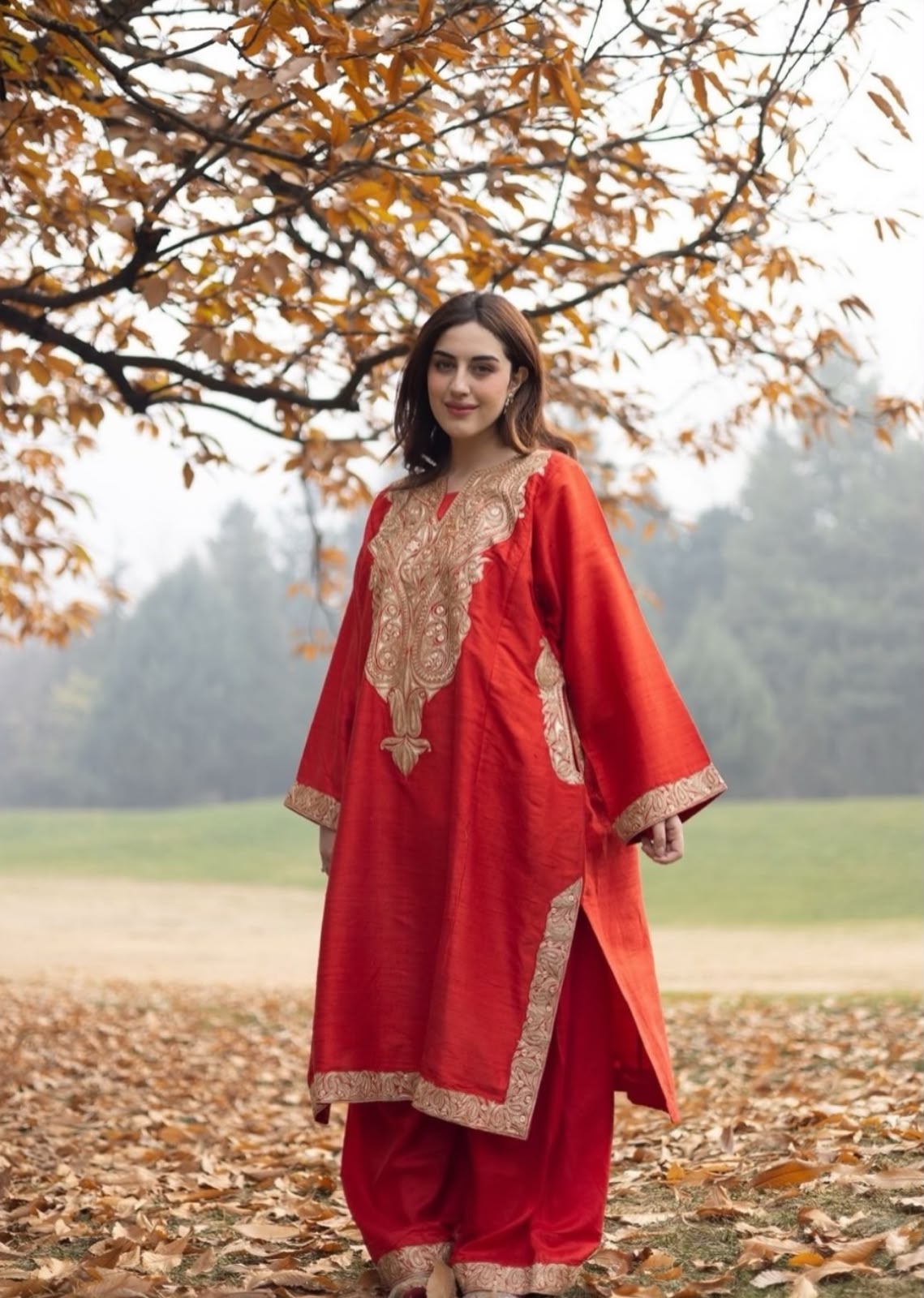 Red Tilla Embroidered Pheran Palazzo with Dupatta