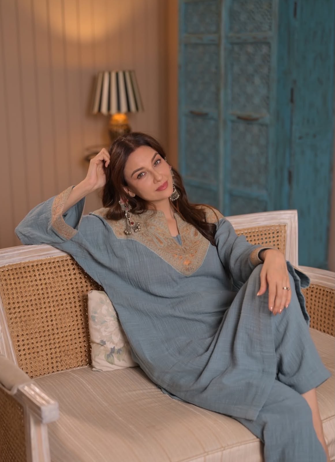 Powder Blue Embroidered Pheran Salwar