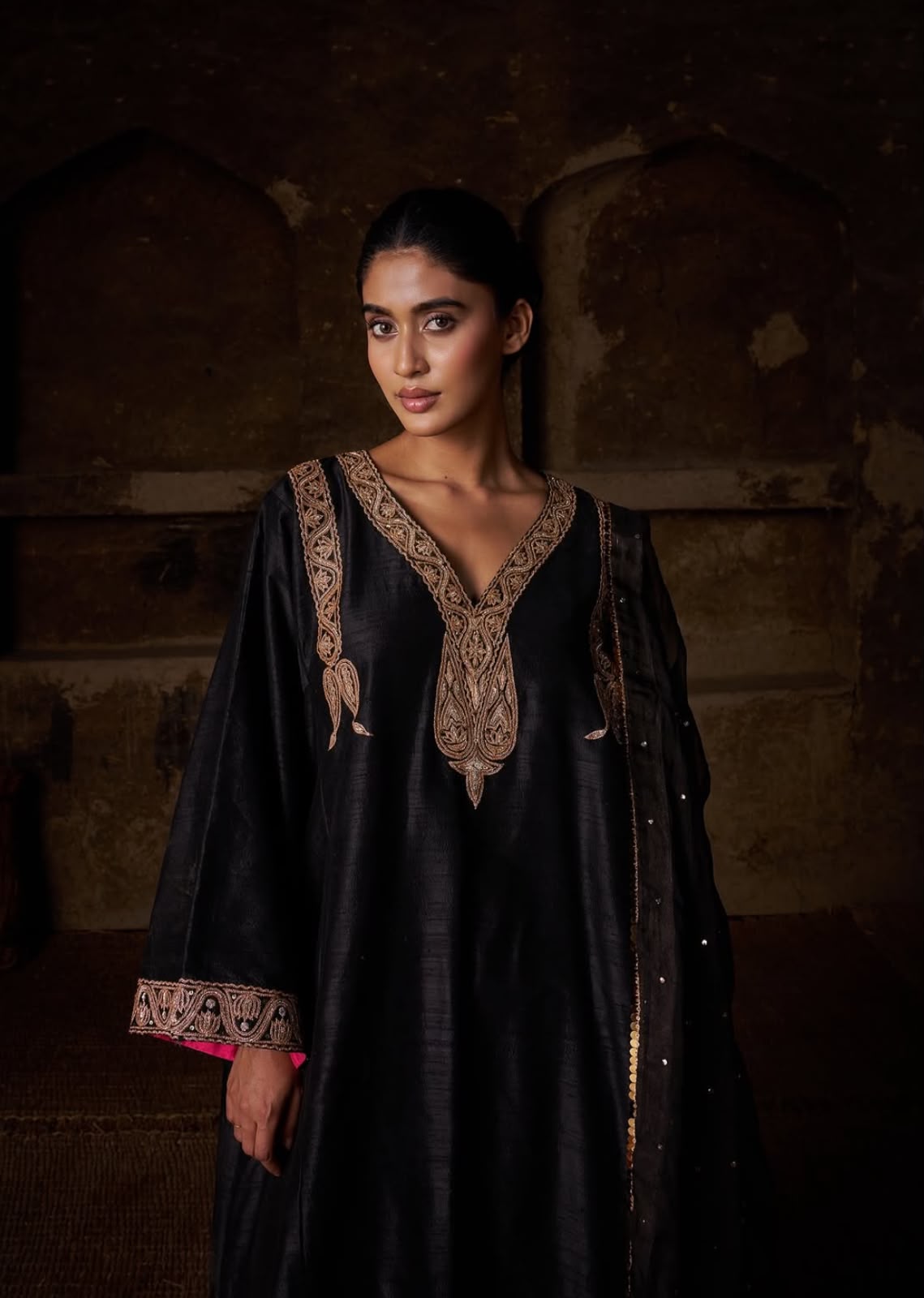 Black Tilla And Dabka Embroidered Kalidar Pheran Salwar with Dupatta