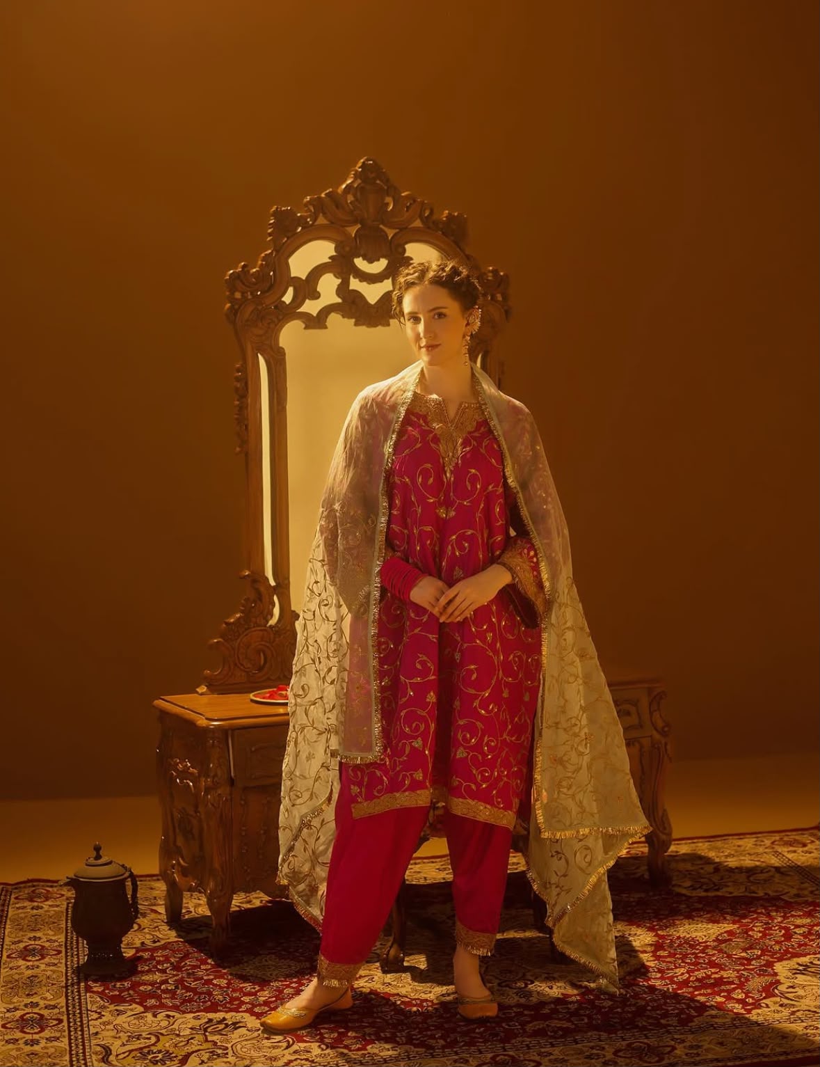 Pink Tilla Embroidered Pheran Salwar Organza Dupatta