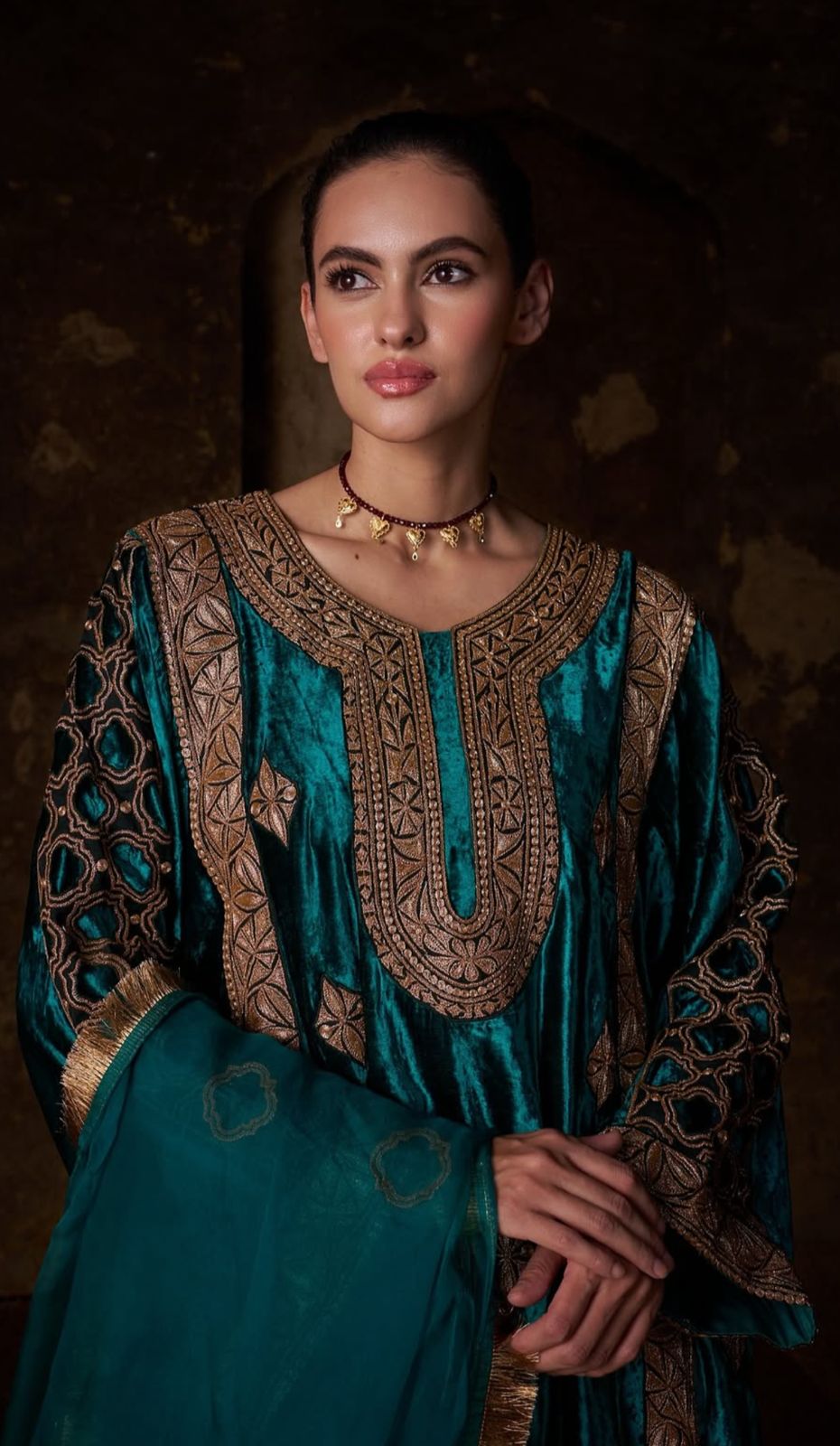 Green Tilla Embroidered Pheran Salwar with Organza Dupatta