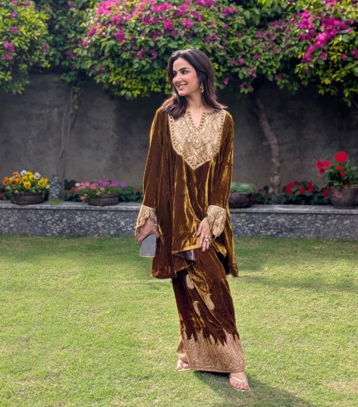 Jasmine in Mustard and Purple Tilla and Hand Embroidered Round Pheran Farshi Salwar Silk Bandhani Dupatta