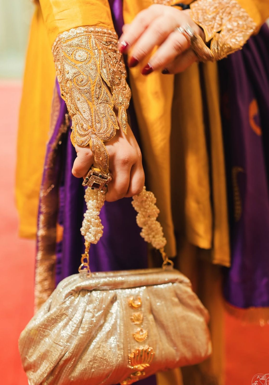 Meera Bachan in Mustard and Purple Tilla and Hand Embroidered Pheran Farshi Salwar Silk Bandhani Dupatta