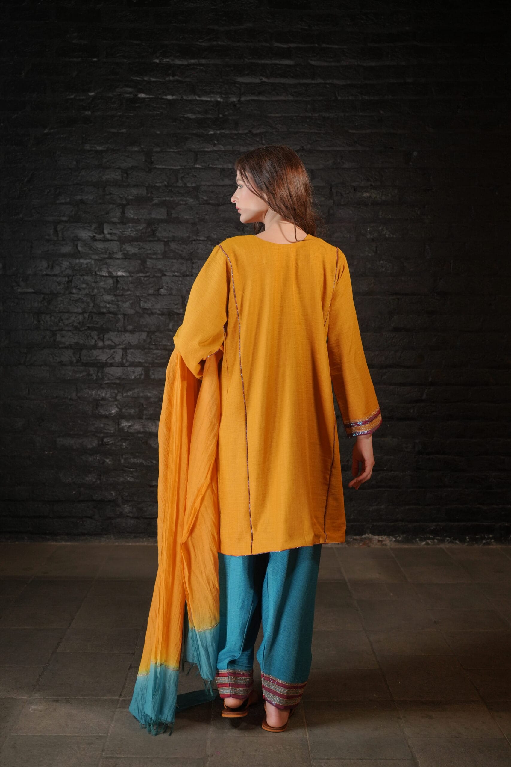 Mustard and Teal Tilla Embroidered Round Pheran Farshi Salwar Dupatta