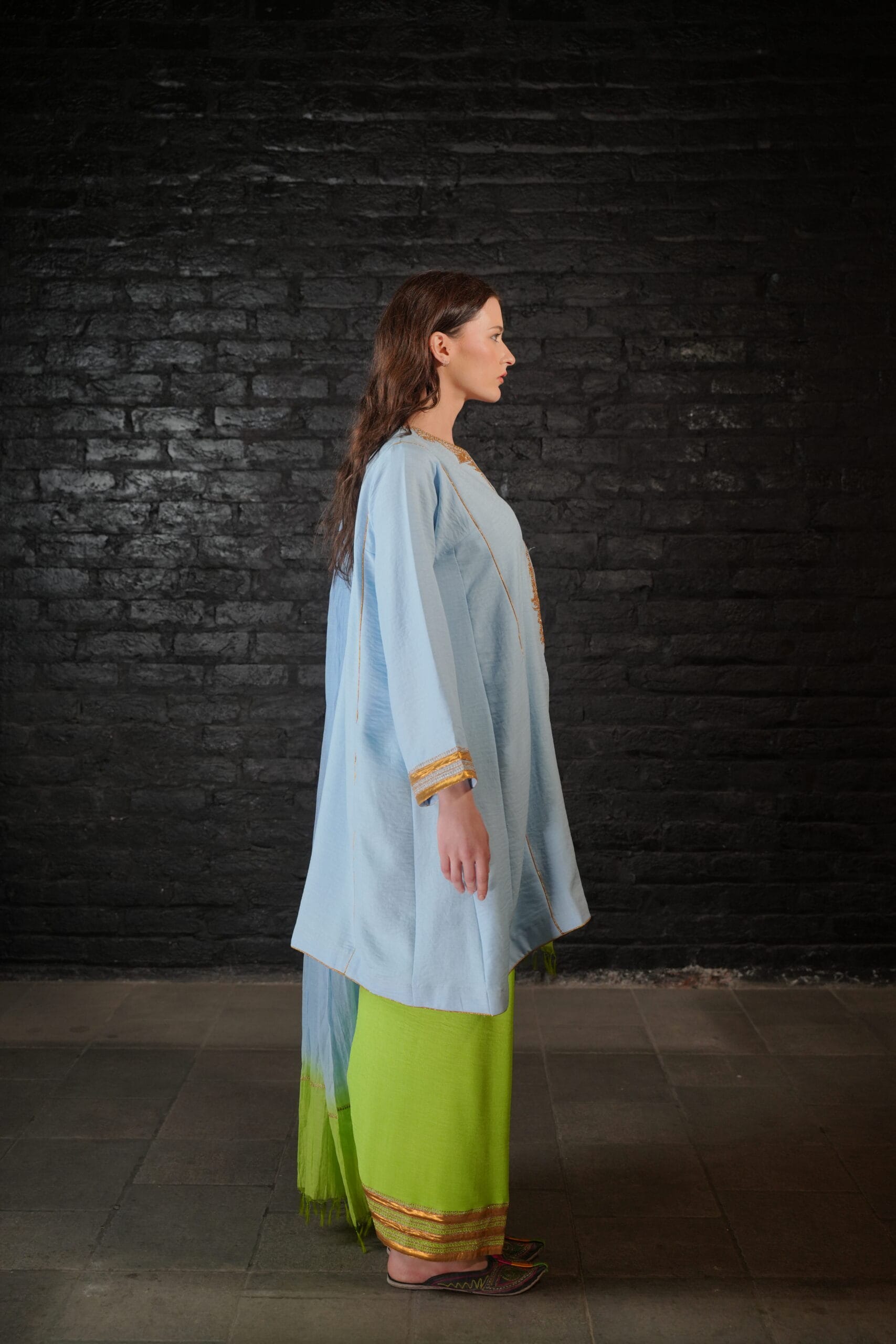 Powder Blue and Green Tilla Embroidered Round Pheran Farshi Salwar Dupatta