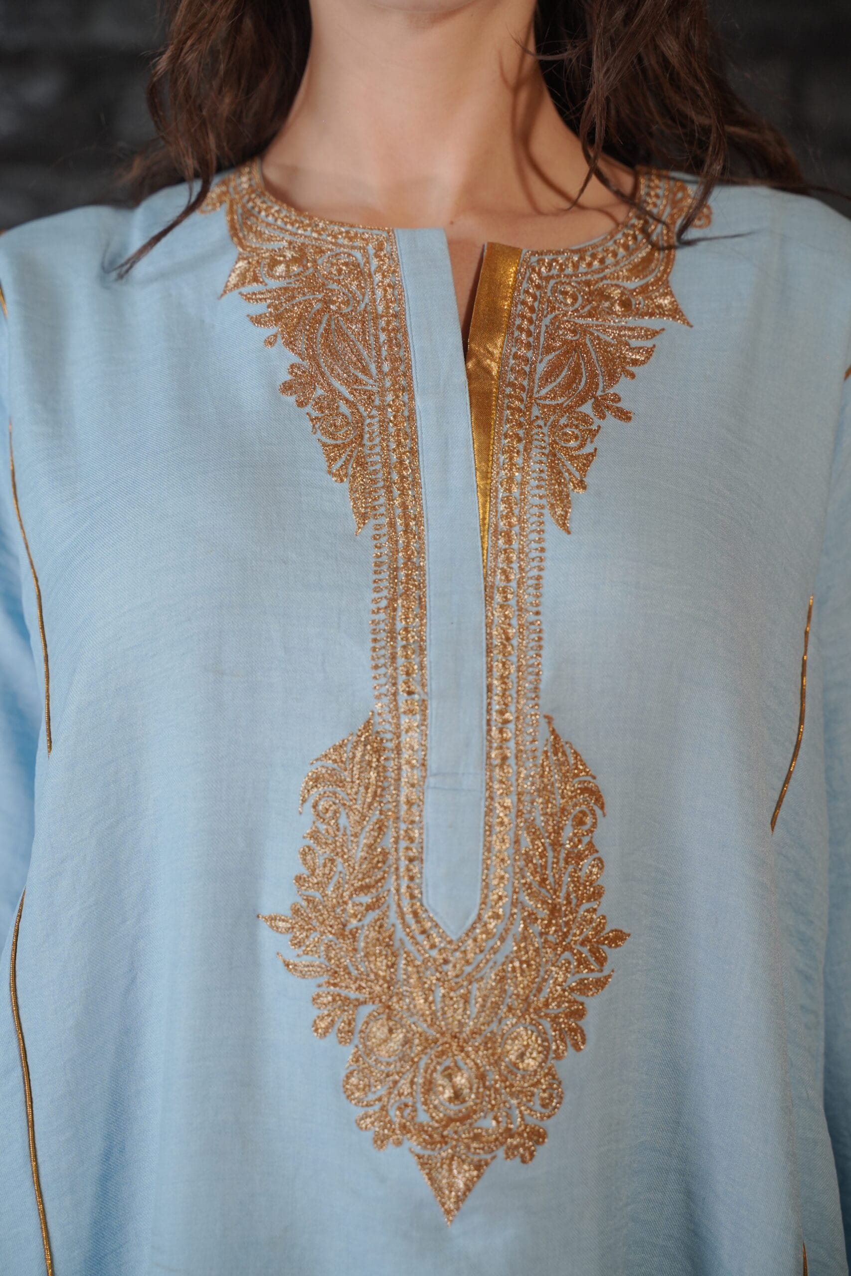 Powder Blue and Green Tilla Embroidered Round Pheran Farshi Salwar Dupatta