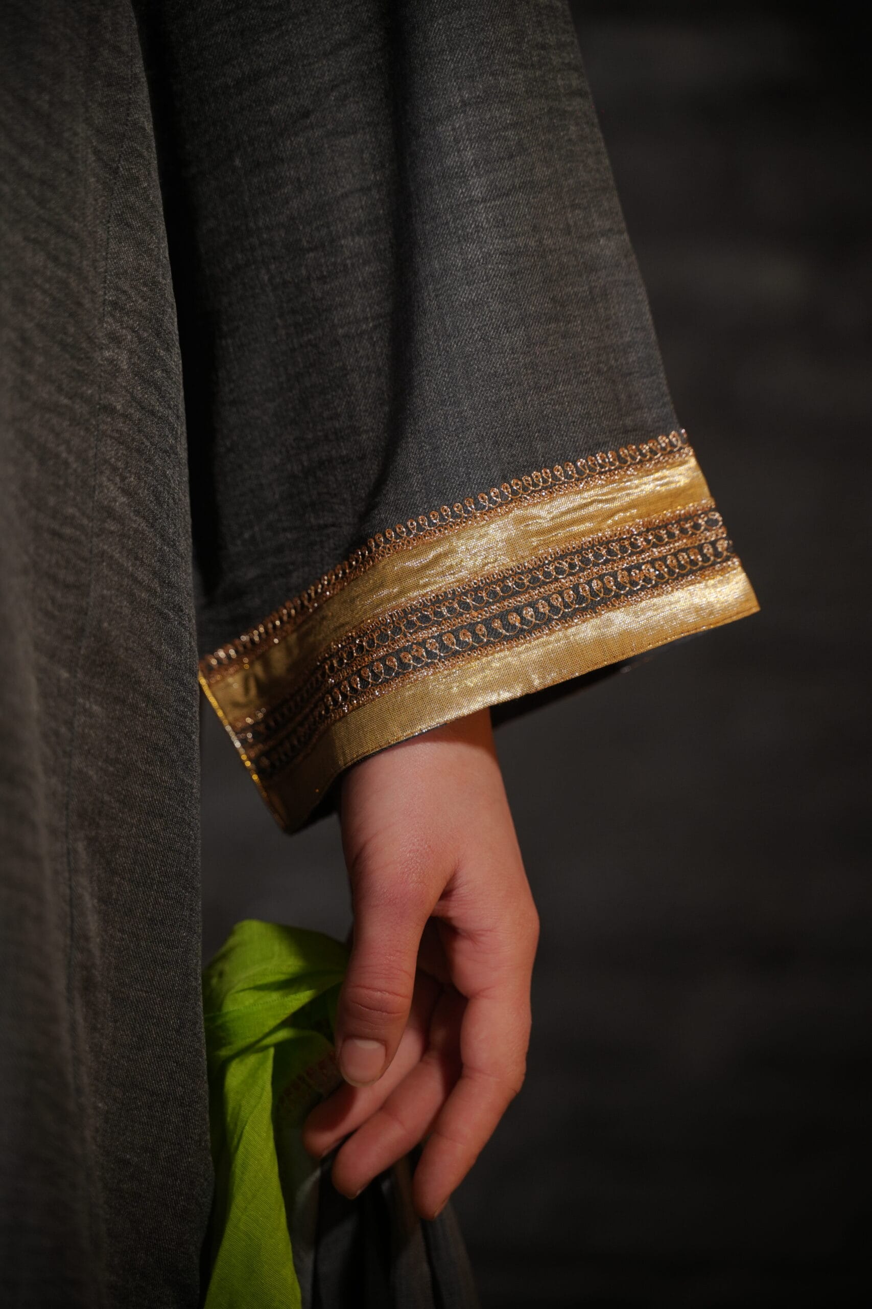 Grey and Green Tilla Embroidered Round Pheran Farshi Salwar Dupatta