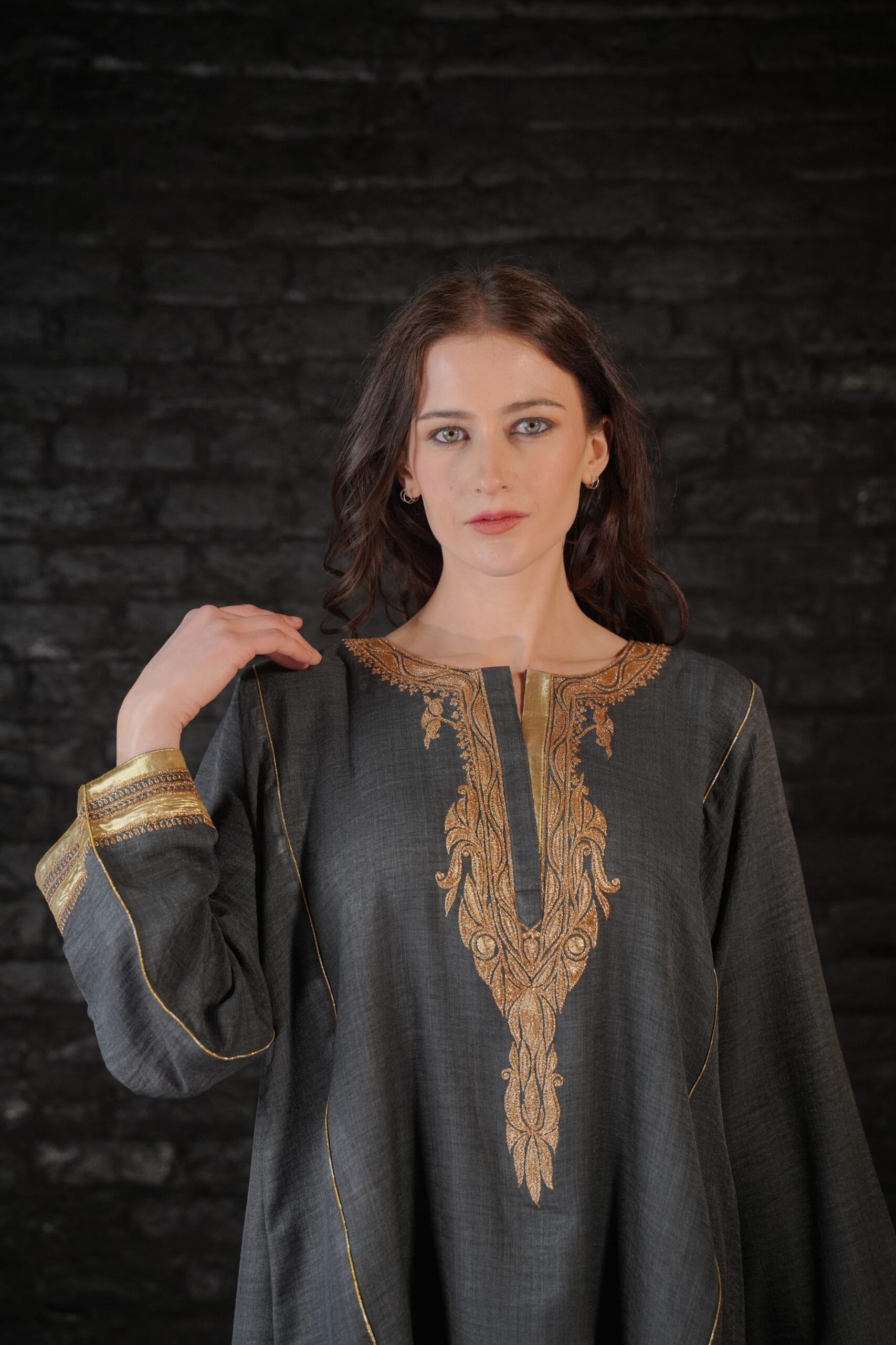 Grey and Green Tilla Embroidered Round Pheran Farshi Salwar Dupatta