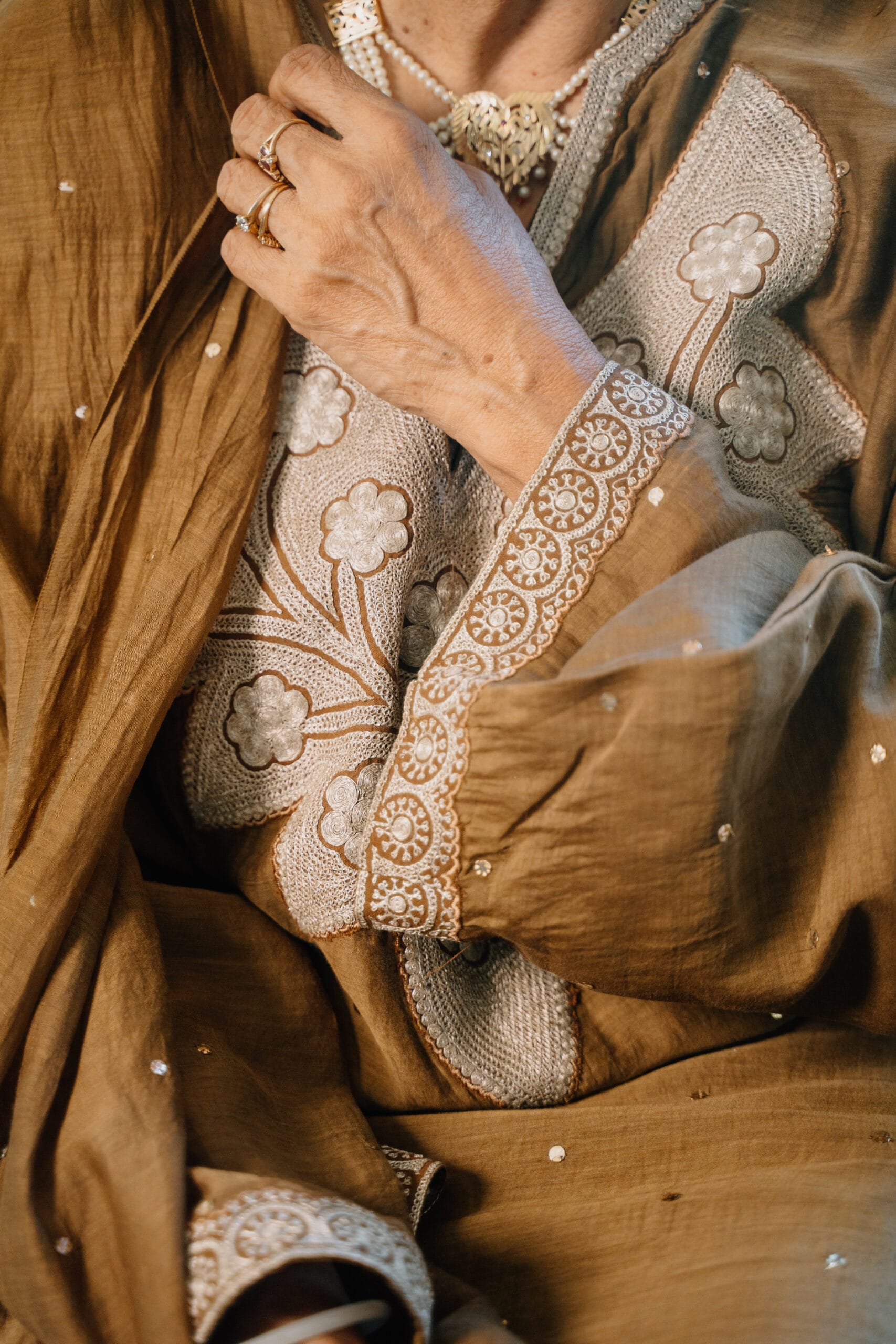 Brown Antique Tilla and Dabka Pheran Salwar Chandheri Dupatta