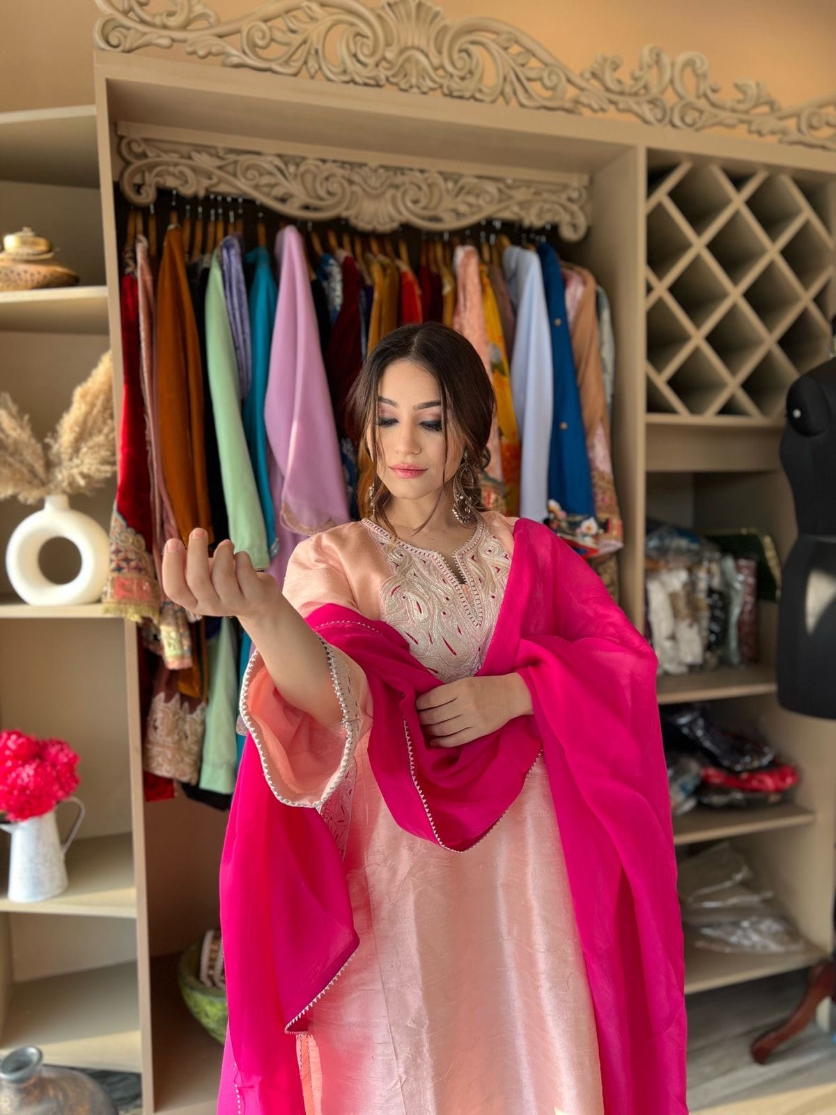 Pink Tilla And Thread Embroidered Pheran Salwar Silk Dupatta