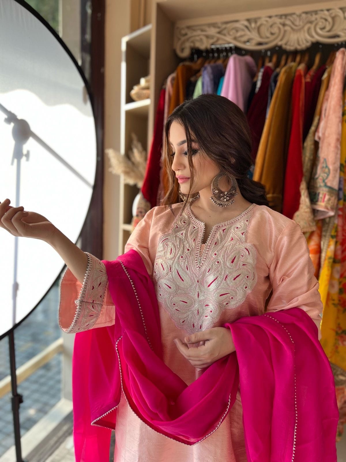 Pink Tilla And Thread Embroidered Pheran Salwar Silk Dupatta
