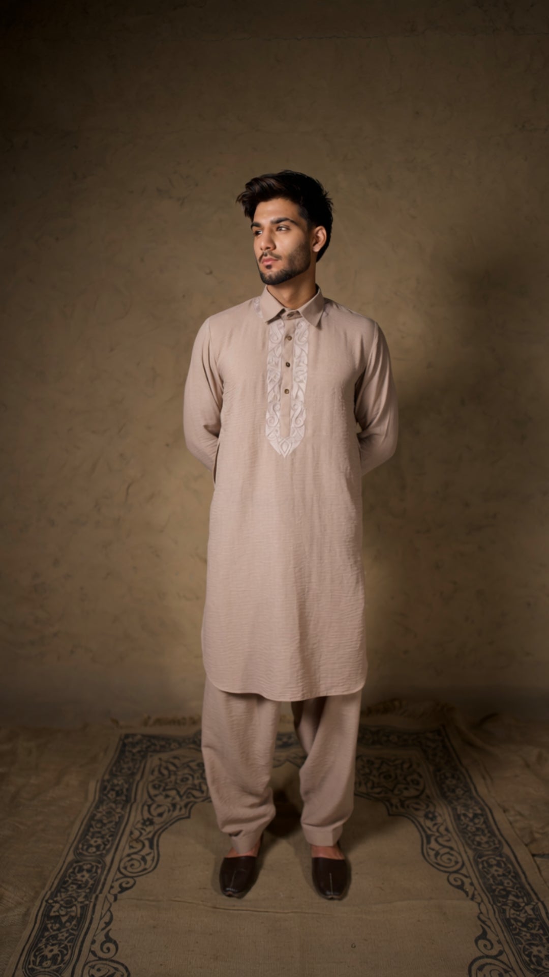 Beige Thread Embroidered Kurta Salwar