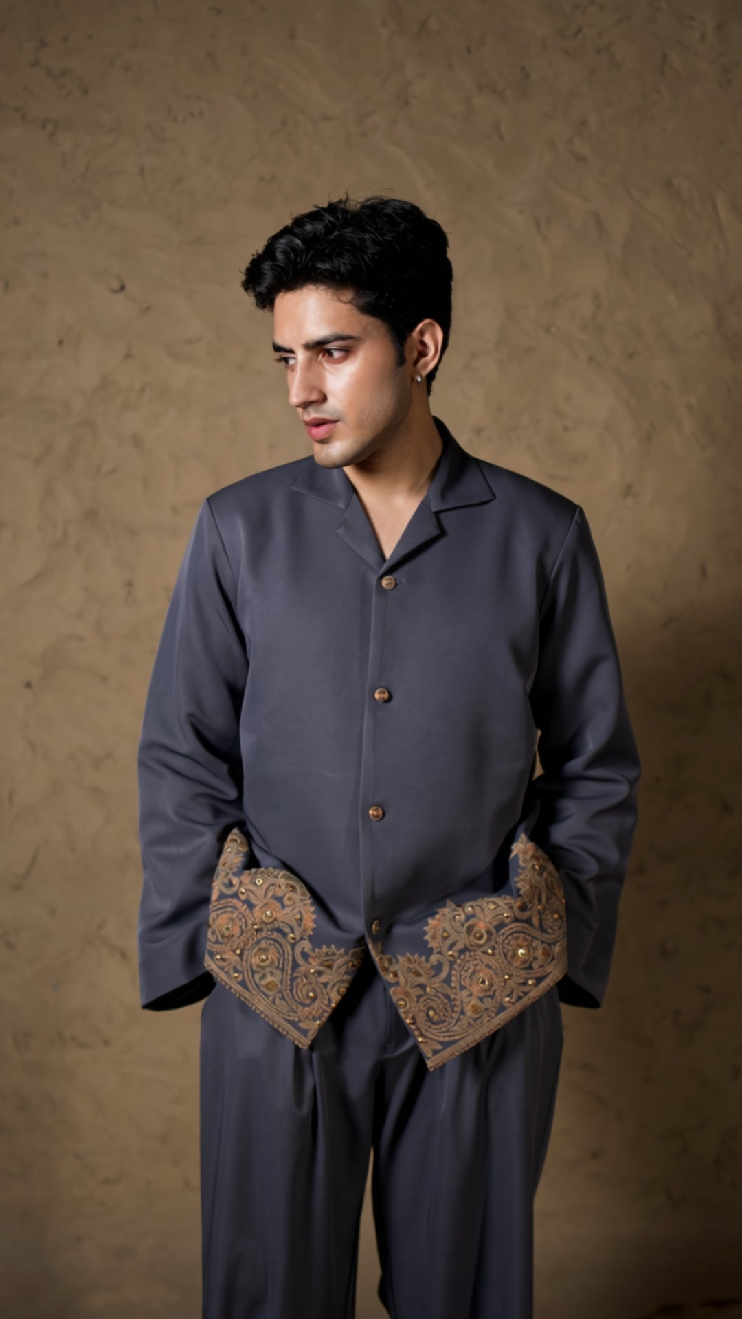 Grey Embroidered Coat and Pants