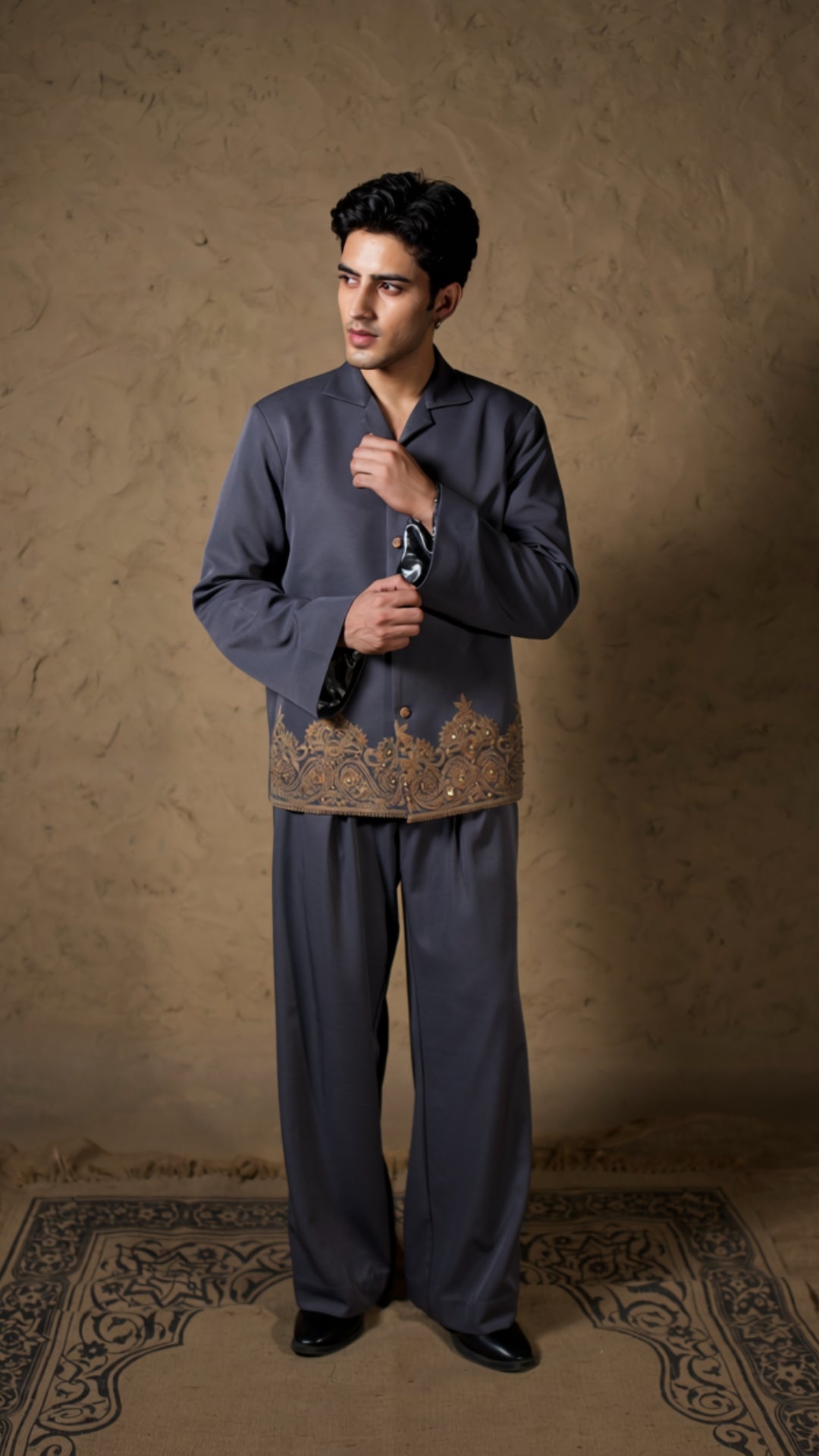 Grey Embroidered Coat and Pants