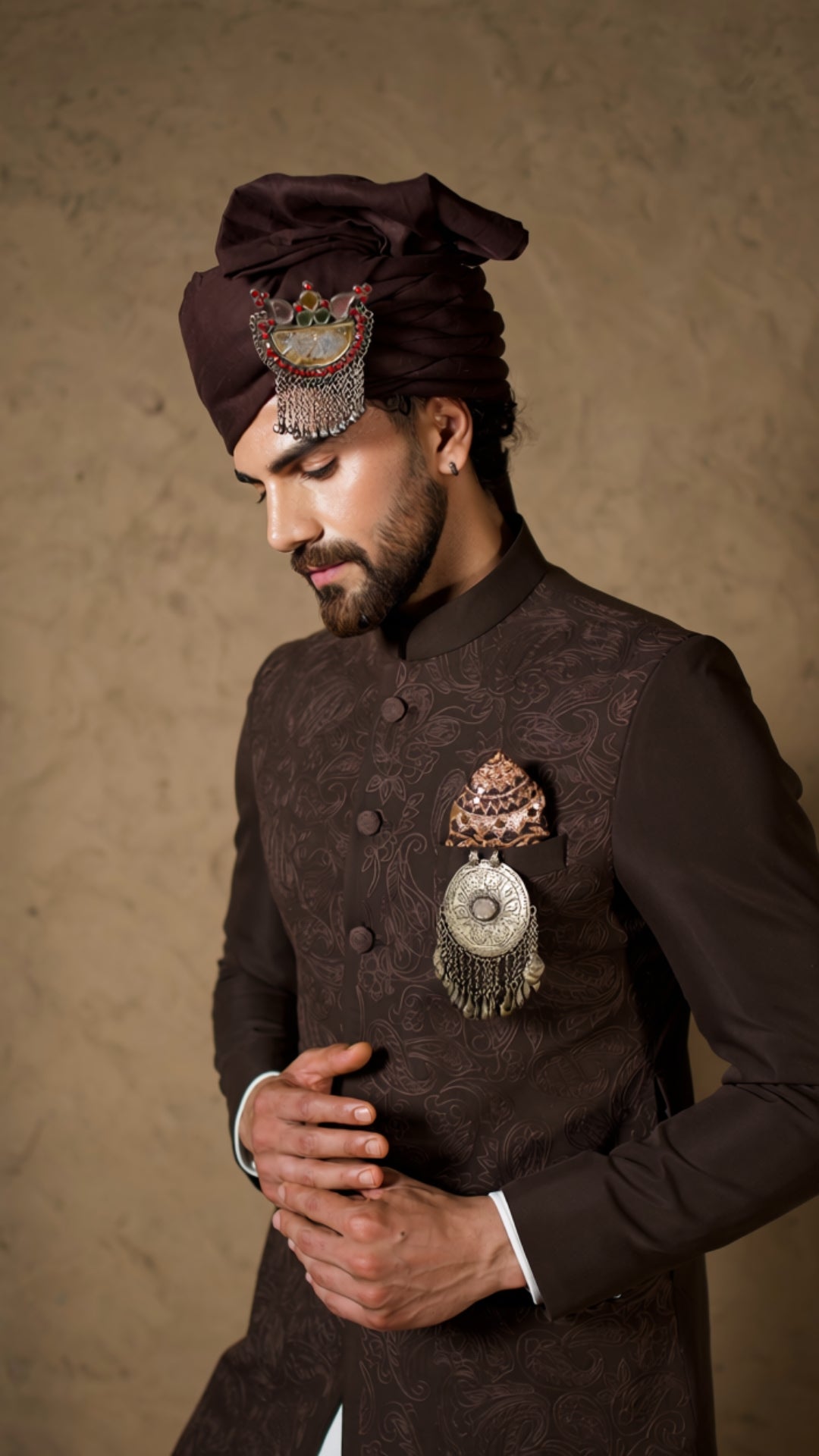 Brown Embroidered Sherwani with Kurta Salwar
