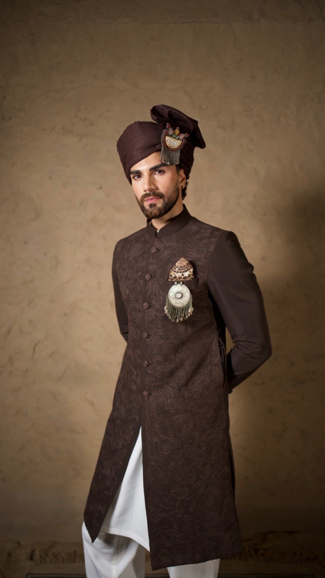 Brown Embroidered Sherwani with Kurta Salwar